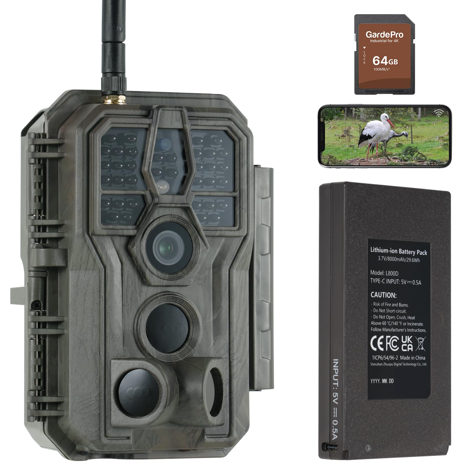 GardePro E8P Camera de Chasse WiFi, Batterie de 8000 mAh, Carte SD de 64 Go