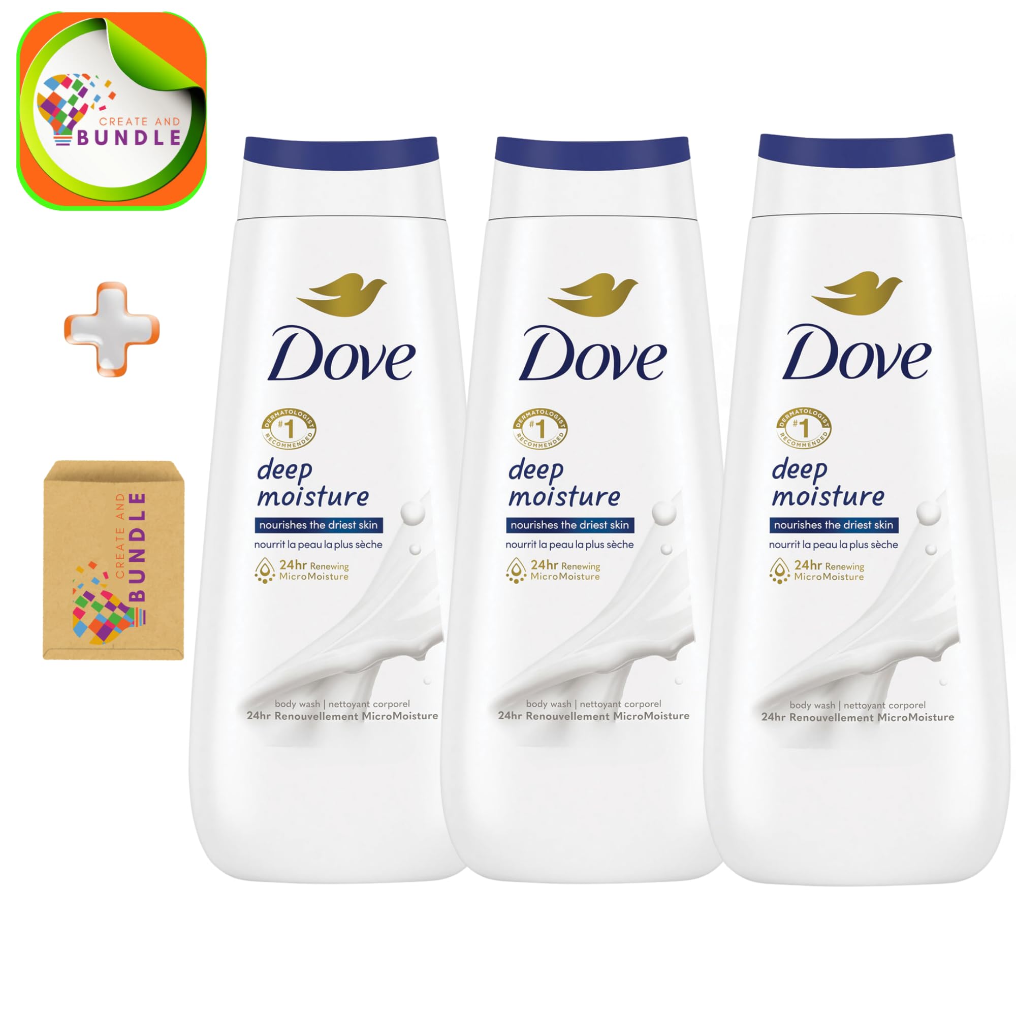 Dove Body Wash Deep Moisture For Dry Skin Moisturizing Skin Cleanser with 24hr Renewing MicroMoisture Nourishes The Driest Skin, 23 Fl Oz (Pack of 2 ) + CreateAndBundle Sticker