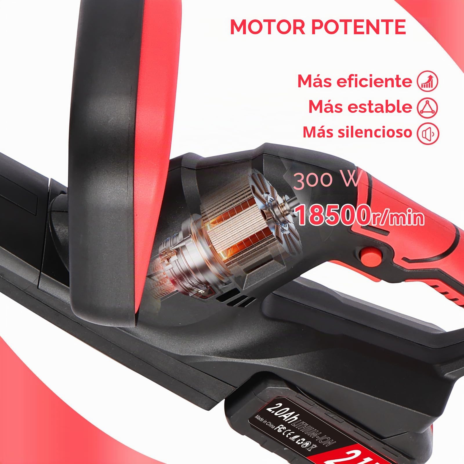 Cortasetos a batería 48 cm, Corte 15 mm con 2 baterías 2.0Ah | 18500 RPM, Cortasetos Eléctrico Inalámbrico para Setos, Arbustos y Jardín