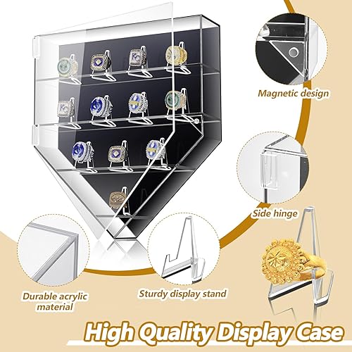 Miniatura 3 de Remuuly Vitrina para anillo de campeonato, 12 postes de anillo, soporte para anillo de béisbol, baloncesto, softbol, caja de exhibición con puerta