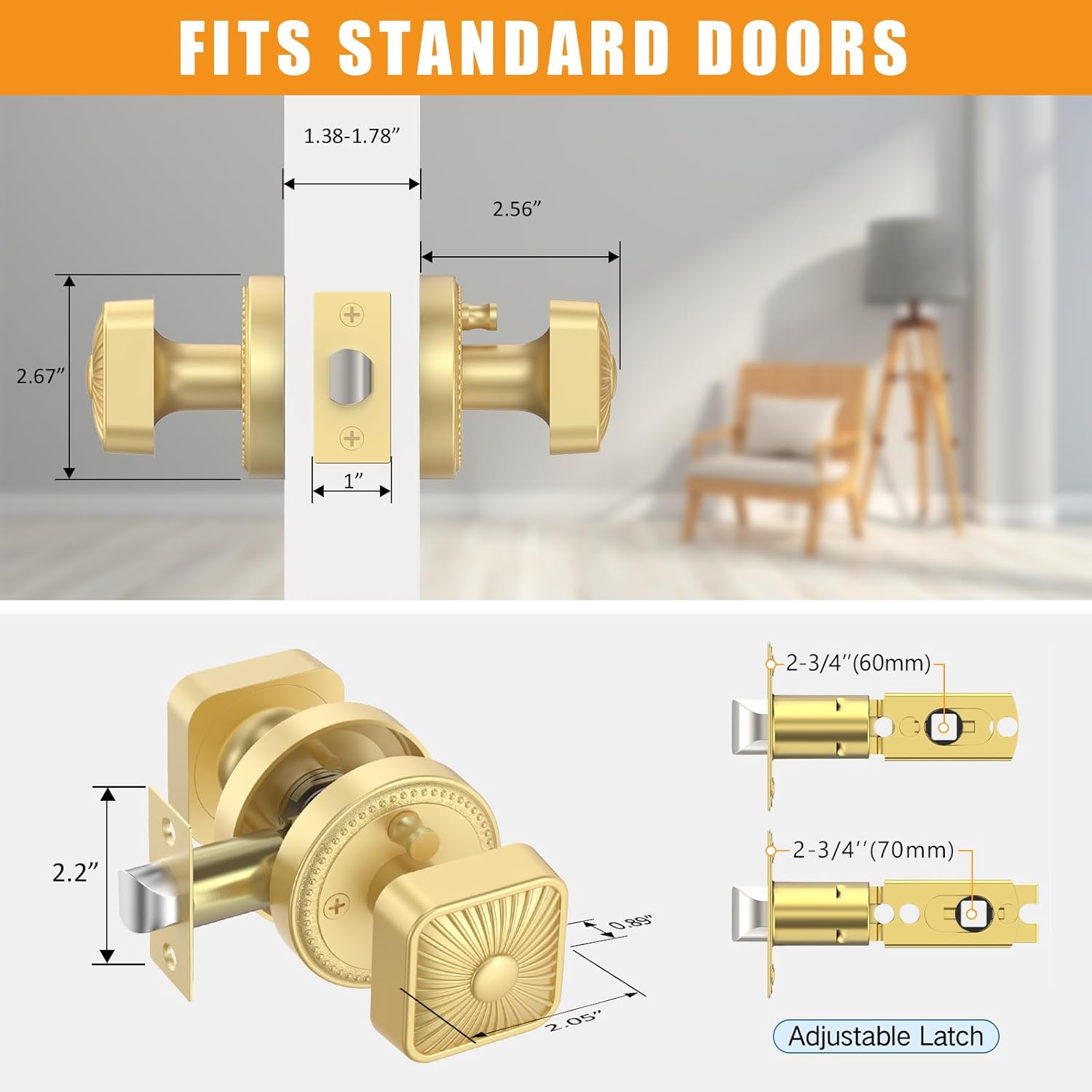 Amerdeco 4 Pack Brushed Gold Interior Door Knobs, Extra Heavy Duty Solid Zinc Alloy Privacy Door Knobs for Bedroom and Bathroom