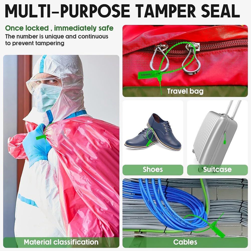 1000 etichette di sicurezza in plastica con sigilli per manomissioni, etichette di sicurezza numerate, fascette con zip, colore verde, facili da usare