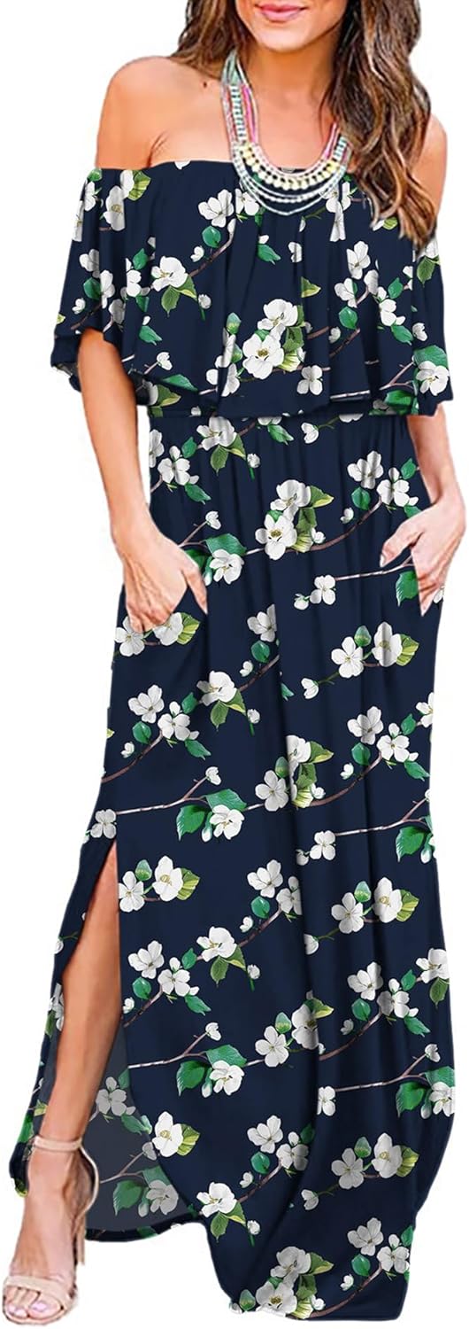LILBETTER Womens Off The Shoulder Ruffle Party Dresses Side Split Beach Maxi Dress