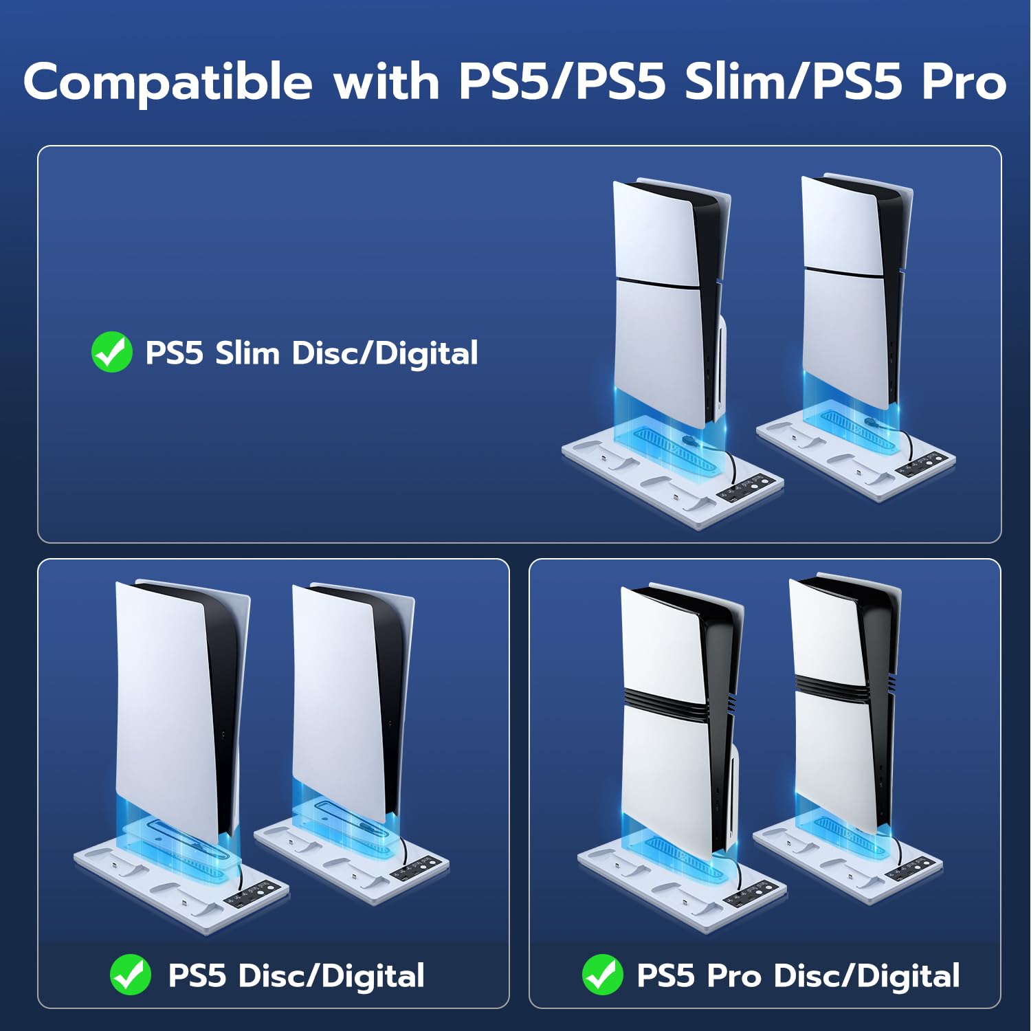 Soporte para PS5 / Slim/Pro, Ventilador de Refrigeración de 3 Velocidades, Cargador de Controlador para PS5 con Indicador RGB, Estación de Carga PS5 Slim Digital/Disc Edition con 2 USB