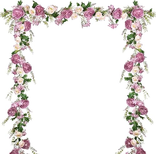 Miniatura 8 de Lvydec Paquete de 2 guirnaldas artificiales de peonía  Guirnalda de flores rosas de peonía de seda de 6 pies para decoración de mesa de boda y
