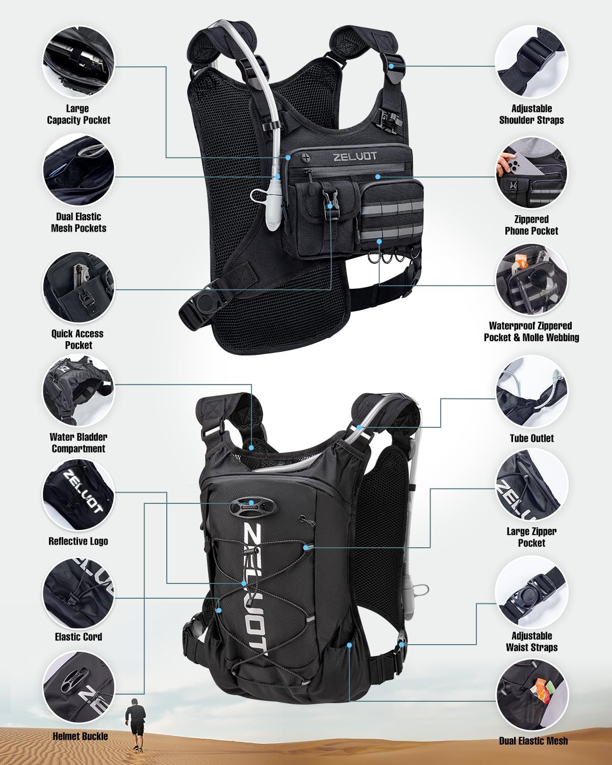 Hydration Backpack with 2L Water Bladder, Running Vest with Gear Holder, USA Original Patent, Lightweight Hydration Pack, Reflective Water Backpack for Men Women for Marathon