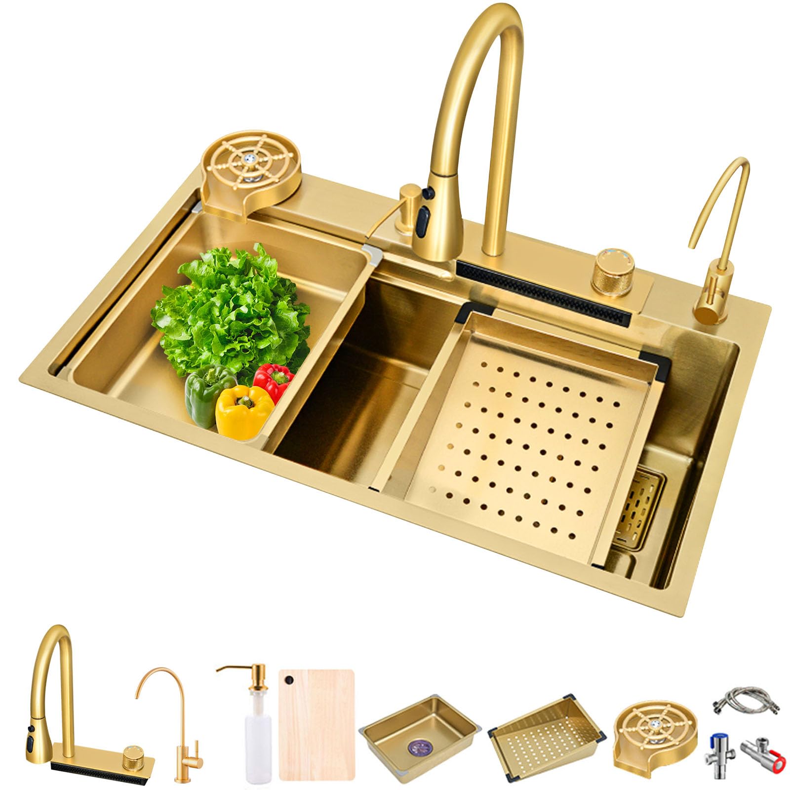 Fregadero multifuncional pila de lavar fregadero multifuncional fregadero cocina 1 seno con escurridor encimera fregadero acero inoxidable(80 x 45 x 22 cm, dorado)