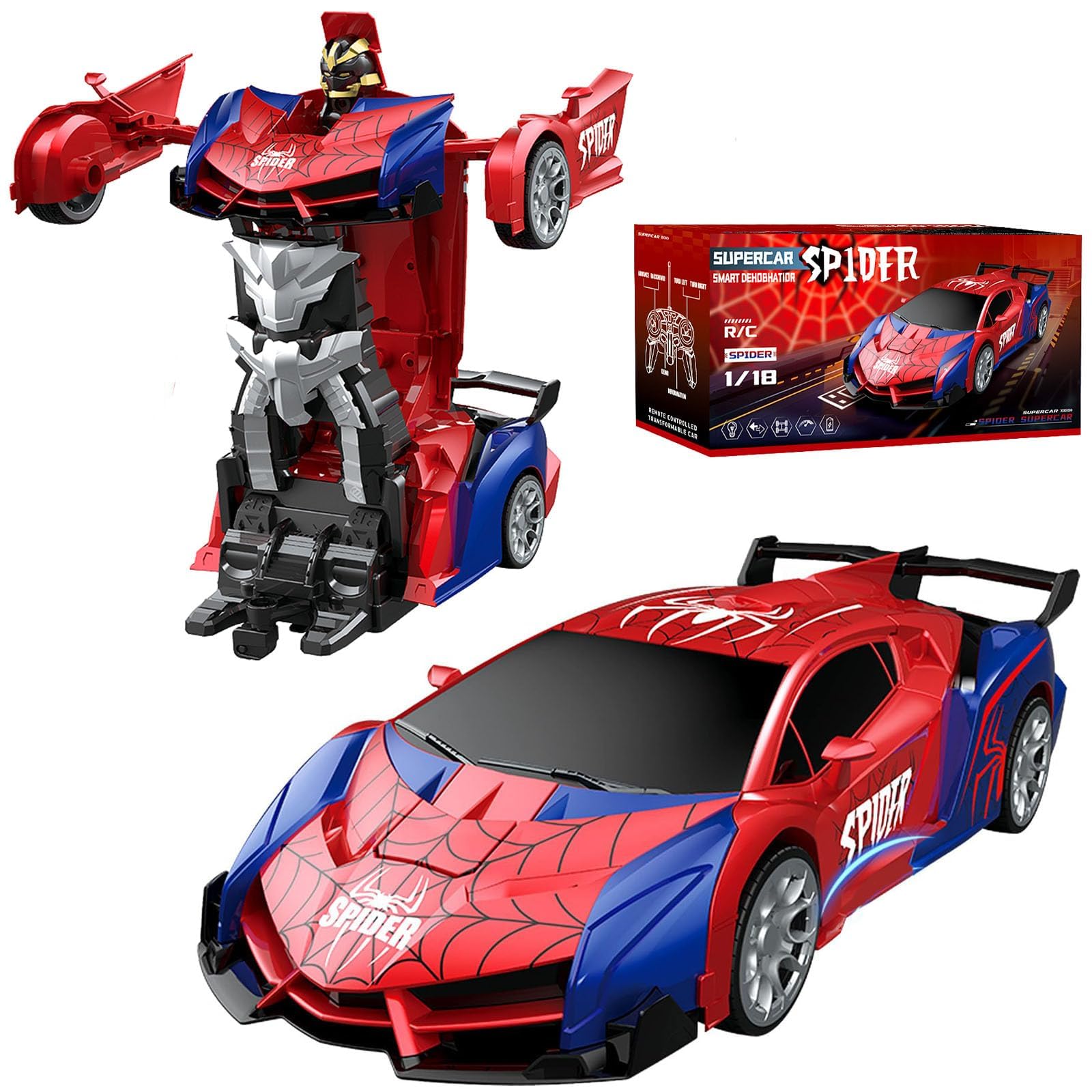 Voiture Télécommandée Spider Jouet Enfant 3 4 5 6 7 8 9+ Ans,2 en 1 Transformable Radiocommande RC Robots,Transformable RC Spider Car Radiocommande,Voiture RC 2,4 GHz & Robot Rotation 360° Jouet (E)