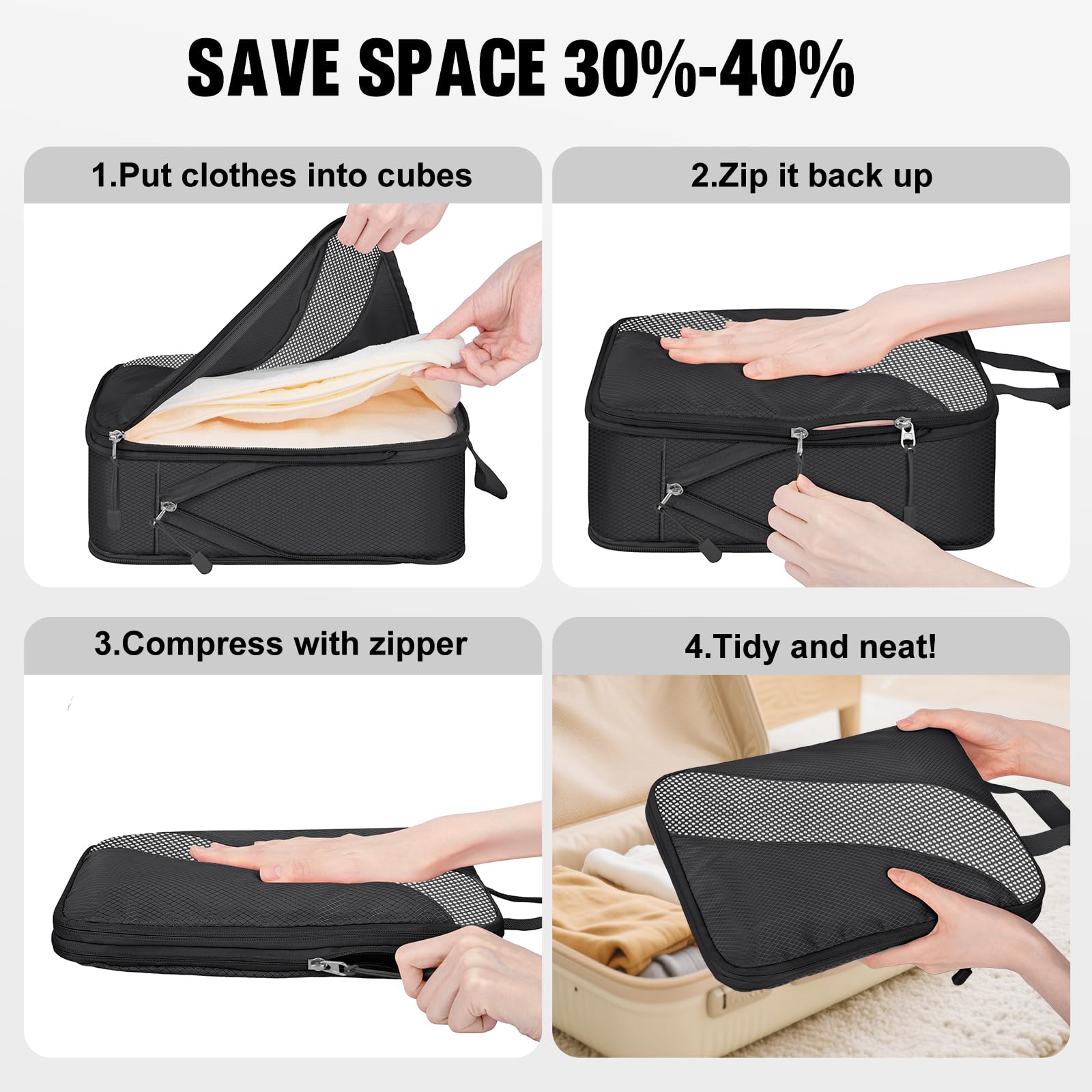 8 Set Compression Packing Cubes, Travel Packing Cubes for Carry On Suitacases, Luggage, Suitcase Organizer with Shoe & Laundry Bags, Packing Cubes for Travel Essentials, Black