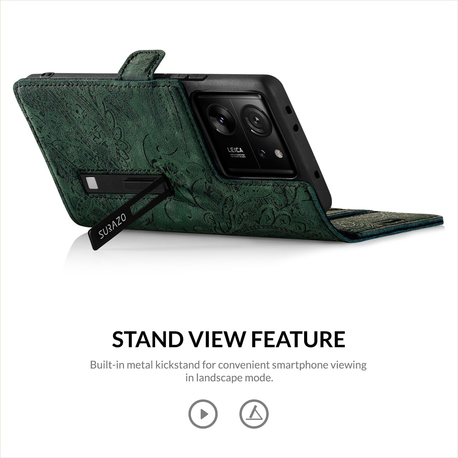 SURAZO Premium Slim Magnetic Mobile Phone Case for Xiaomi 13T Pro & 13T 5G Leather Case - Foldable Genuine Leather Protective Case [Card Slot, RFID Protection, Floral Pattern] Flip Wallet Case Cover