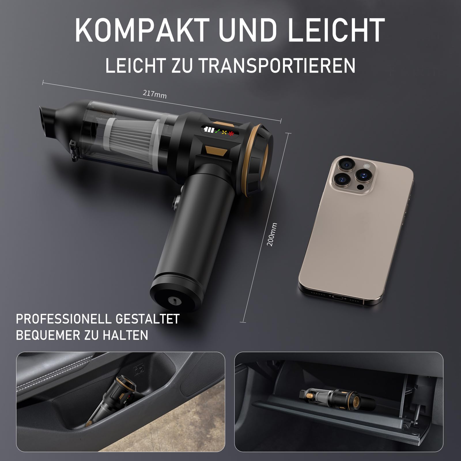 4-in-1 Handstaubsauger Akku, Autostaubsauger Kabellos 22000PA Mini Staubsauger, Aufladbar Tragbar Leicht Auto Staubsaug Stark, 220000 U/min Elektrische Staubgebläse für den Auto,Büro,Küche,Ti
