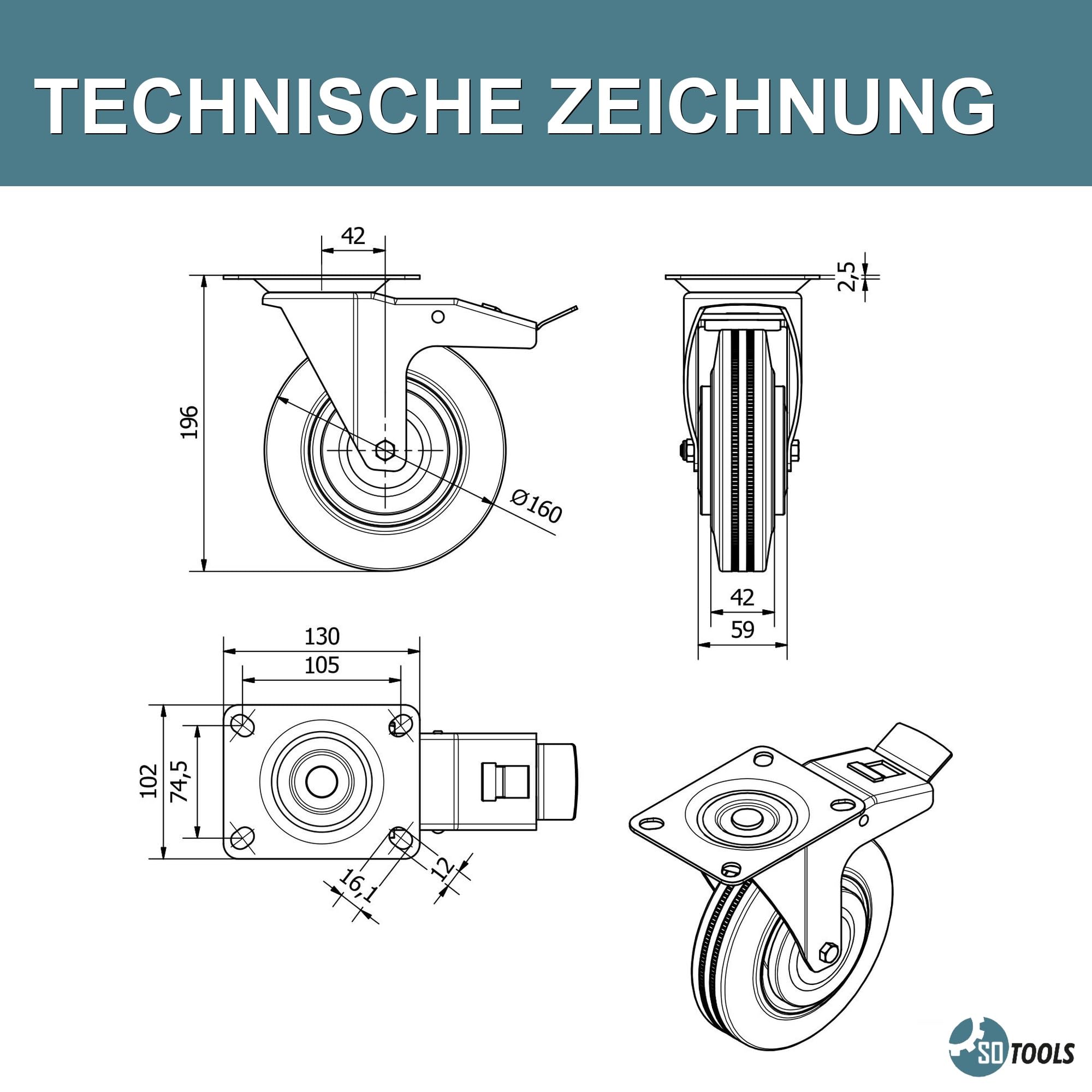 SOTOOLS 4er Set Schwerlastrollen MOVEX | Ø 16 cm Gummi-Laufrolle, Höhe 19.6 cm | 2x Lenkrolle mit Bremse, 2x Bockrolle, 440 kg Traglast - Für Möbel, Werkbänke & Industrie