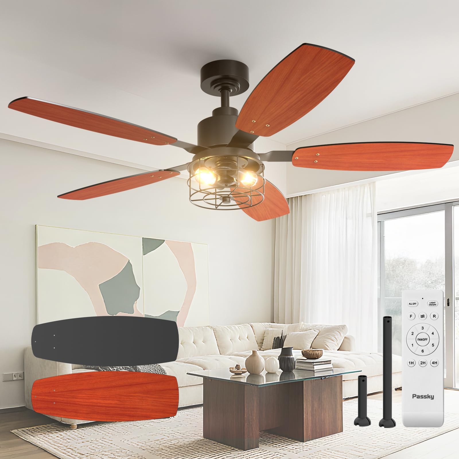 Passky Ceiling Fans with Lights, 52 inch Farmhouse Ceiling Fan with Light and Remote Control, 6 Speeds, Reversible, Noiseless, Dual Finish Blades, Black Caged Ceiling Fan for Bedroom, Living Room
