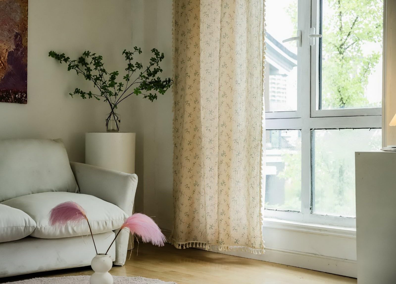 A.Monamour Rideau Voilage Passe Tringle Semi Occultant Opaque Coton Lin Floral Rural Boho Décoration Fenêtre Court Rideau de Porte avec Glands à Pompons pour Salon Chambre Cuisine, 1 Panneau