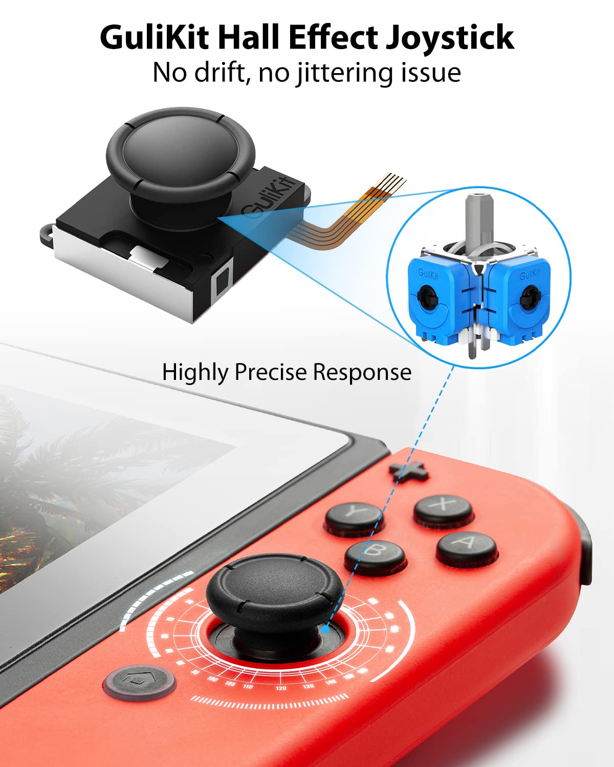 No Drift GuliKit Switch Joycon Joystick Replacement, Hall Effect Joystick for Switch/Switch OLED/Switch Lite, 2 Wrist Strap for Switch Joycon Controller, Thumb Grip Caps & Repair Kit (1 Pair) 3