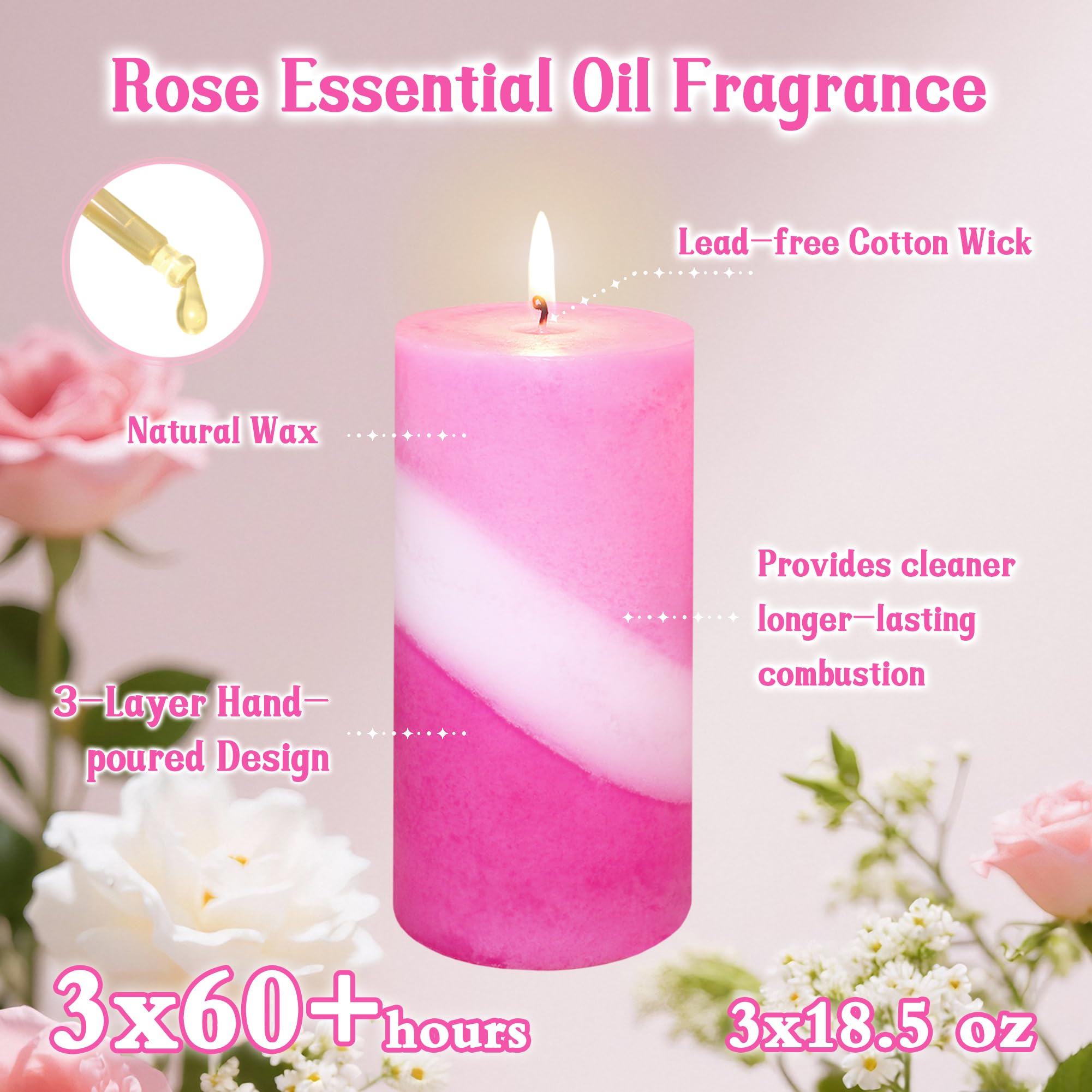 Candele decorative profumate a forma di rosa, 7,6 x 15,2 cm, a spirale, versate a mano, confezione da 3 candele decorative a lunga durata, per la casa, per San Valentino, decorazione