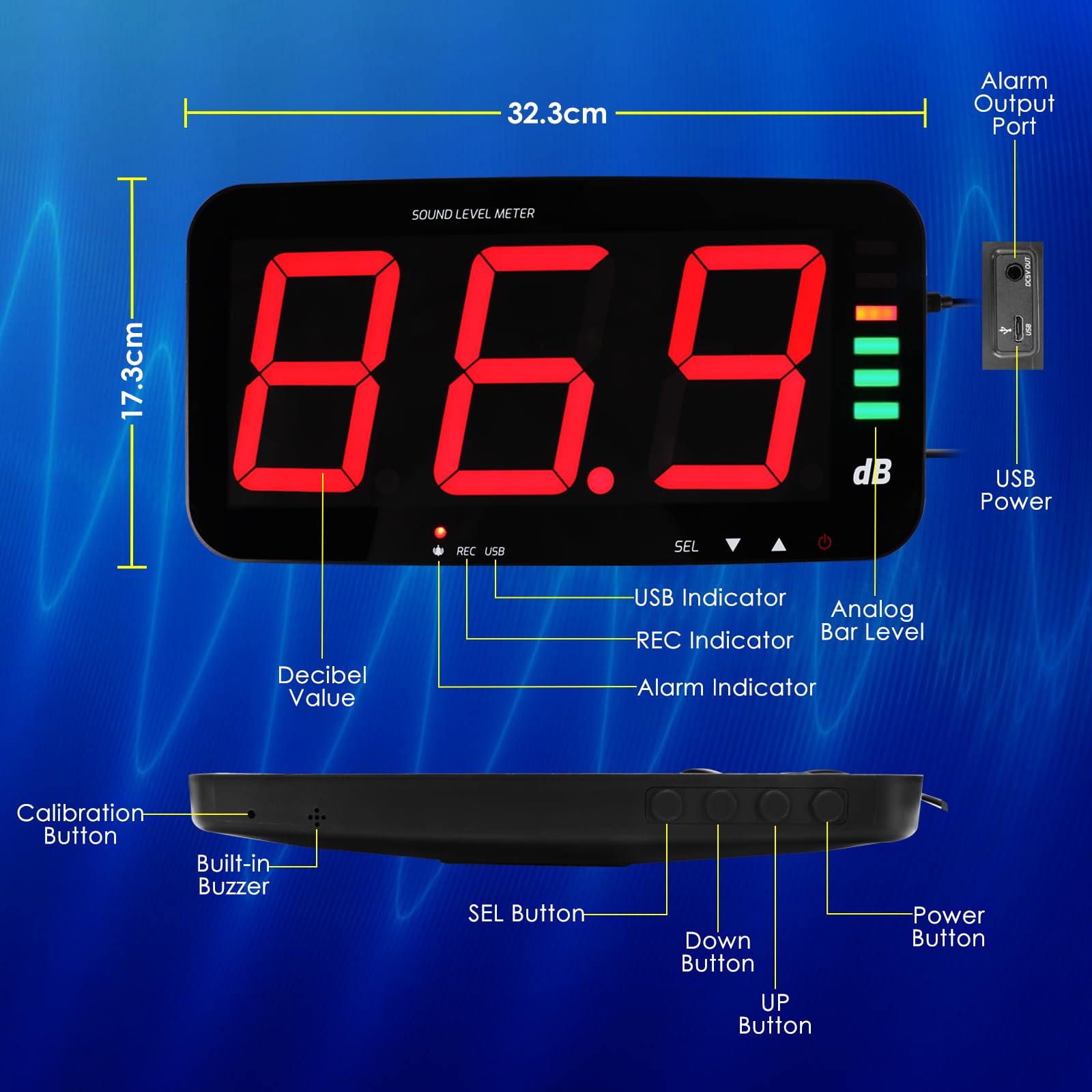 Decibel, misuratore di livello sonoro con registrazione dati, misuratore di rumore da parete con ampio display LCD da 13", sensore con cavo da 2 m, uscita allarme per misurazione e registrazione del