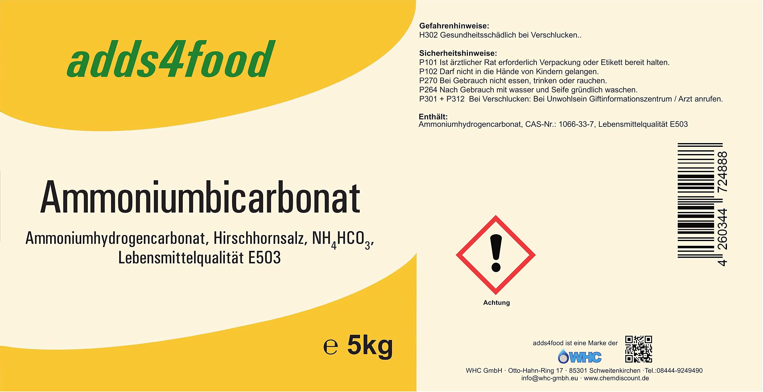 Ammoniumbicarbonat 5kg Lebensmittelqualität E503 Hirschhornsalz ABC-Trieb