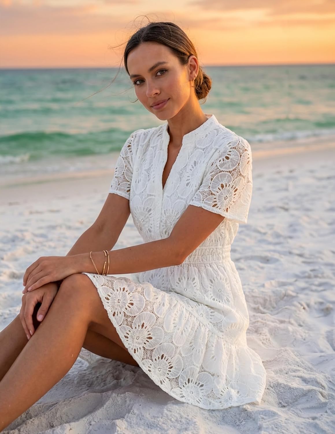 MEROKEETY Women's Spring Summer Lace Boho Dress 2026 Short Sleeve Eyelet Floral Ruffle A Line Vacation Beach Mini Dresses - Image 6