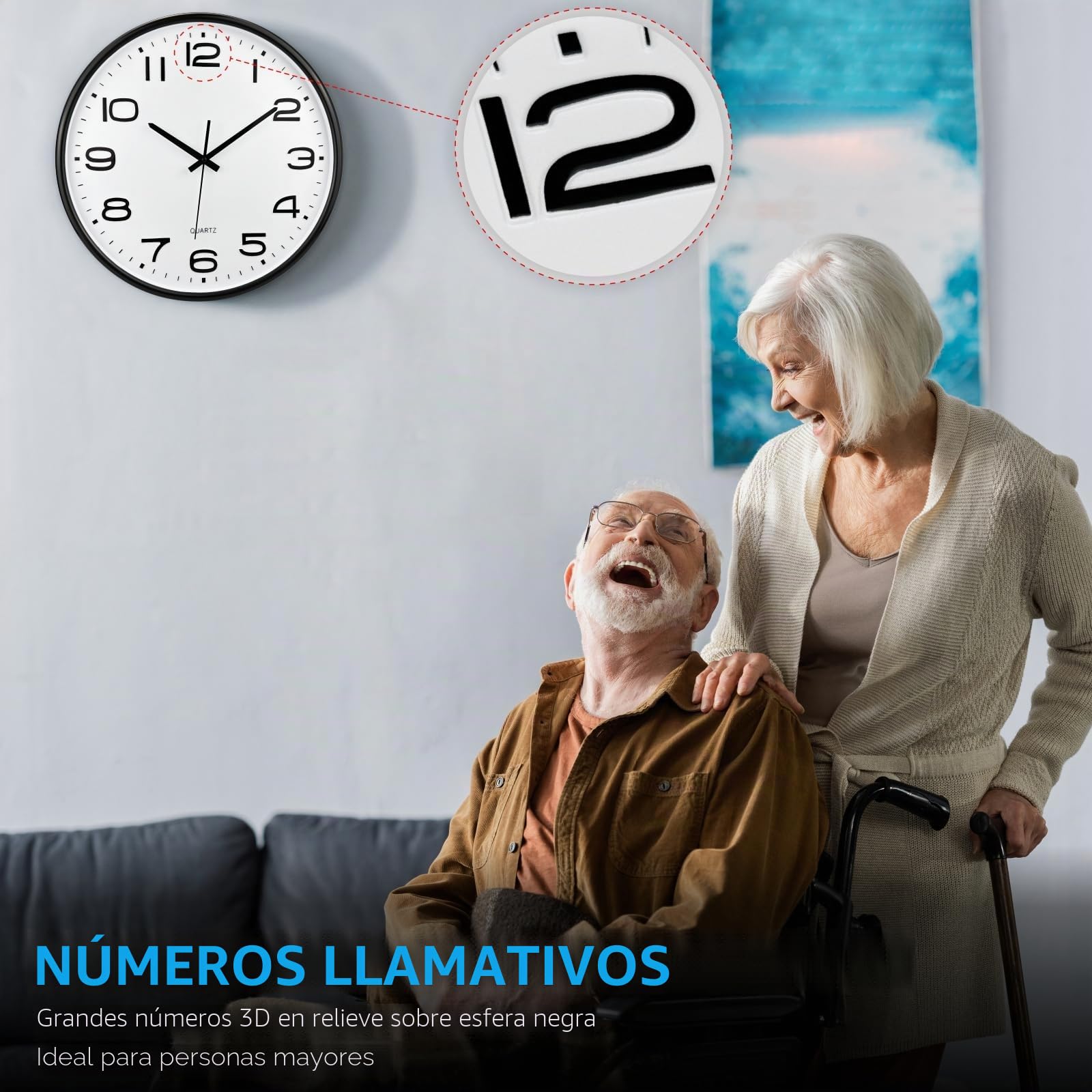 Plumeet Reloj de Pared Grande de 40.5cm, Relojes Decorativos de Cuarzo Silencioso Que no Hace Tictac, Gran Pantalla de Números Tridimensionales, con Pilas (Blanco)