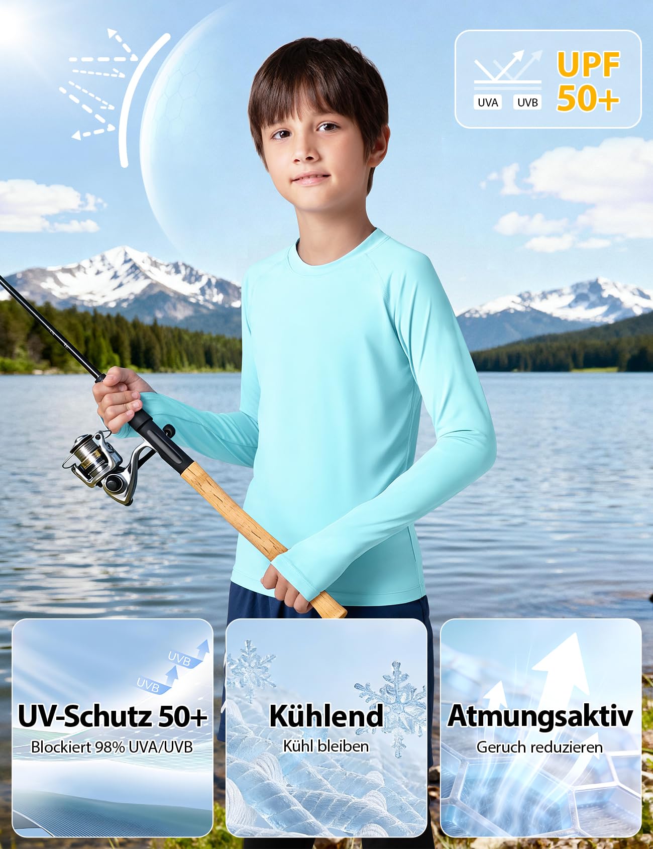 Niksa UV Shirt Kinder Langarm Schwimmshirt UPF 50+ Schnelltrocknend Rashguard für Jungen 6-16 Jahre Wassersport Badeshirt - 4