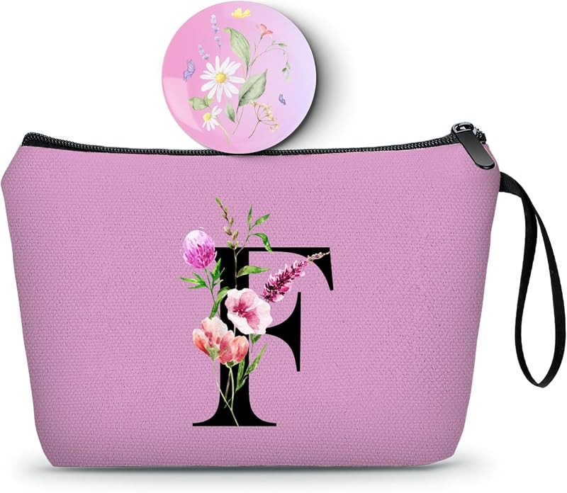 Necessaire de maquiagem SEAMOON roxa com inicial F, espelho e zíper