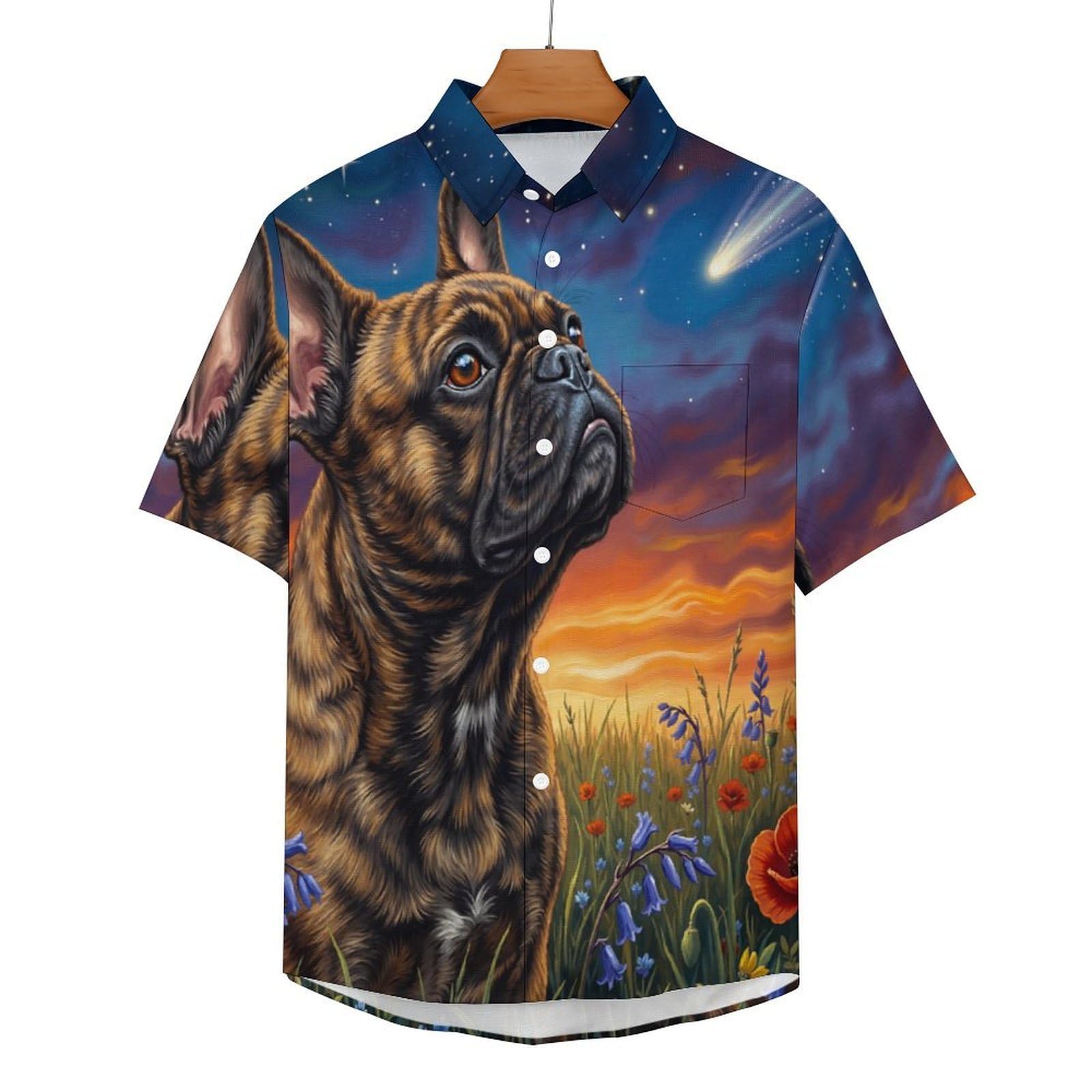 Camicie da Uomo a Maniche Corte con Stampa della Cielo Stellato Bulldog Dipinto Ad Olio Animali, Casual Leggere Bottoni Camicia con Tasca Frontale, per Vacanze Spiaggia Estate