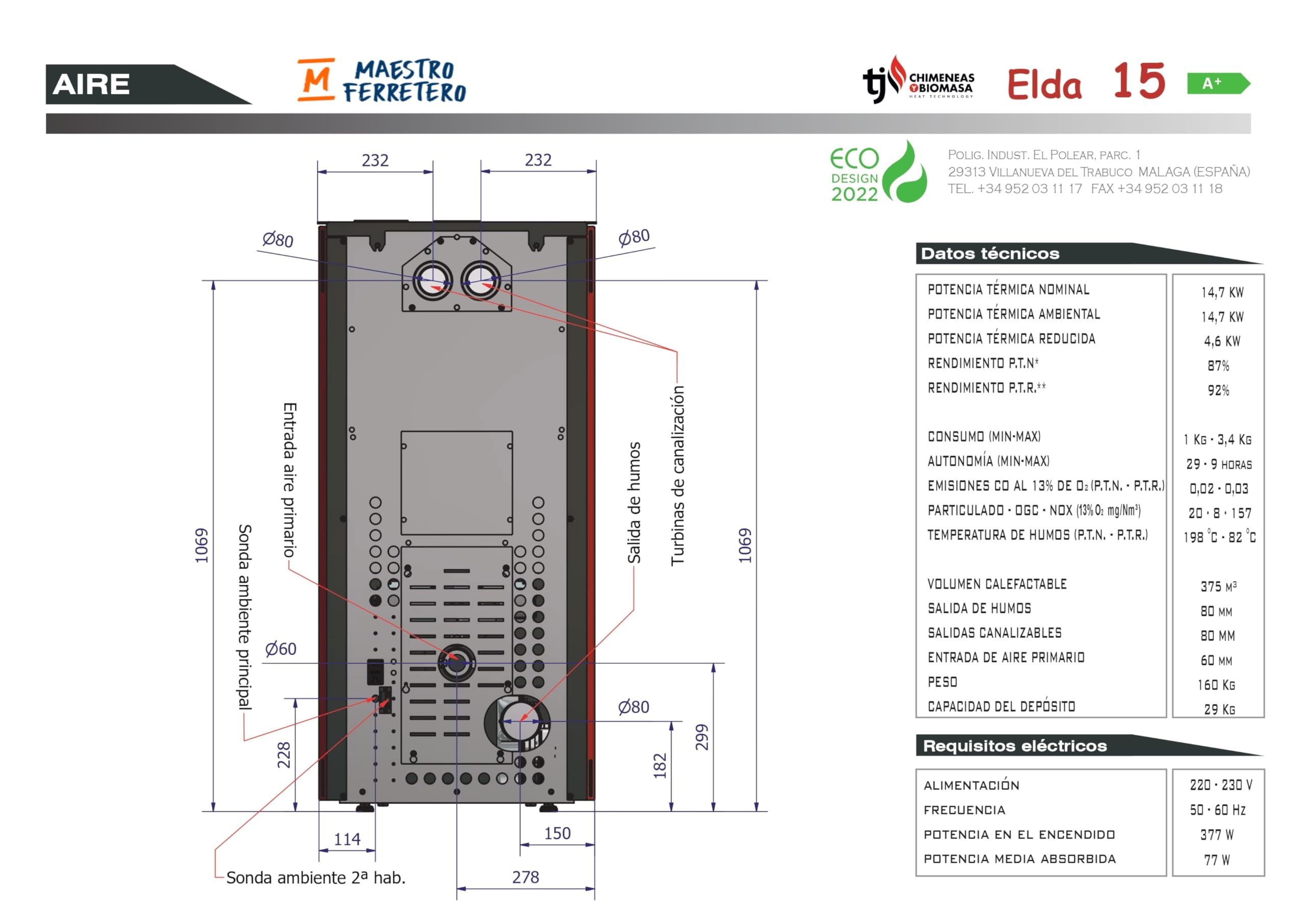 TJ - Estufa de Pellets Canalizable Modelo ELDA de 15 kW - Color NEGRO