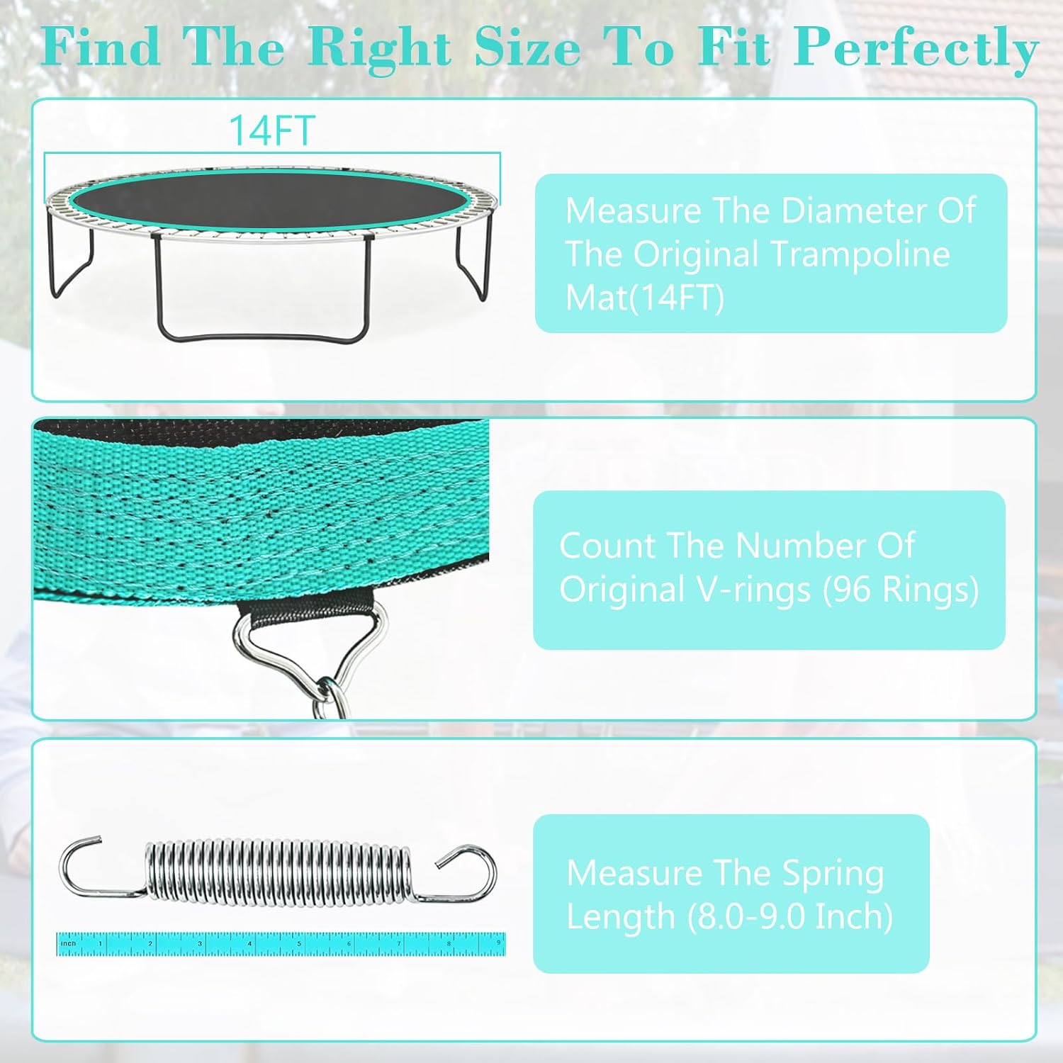 Trampoline Replacement Mat for 12/14/15FT Fit 72/84/96V Use 5.3-9.0 Springs | Durable PP Material, 8 rows thick stitching, with Install Tool (Spring not Included)