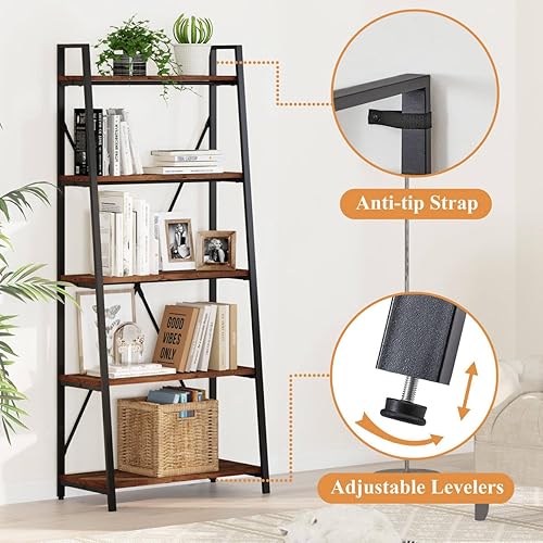 Miniatura 3 de BON AUGURE Ladder Shelf Bookcase, 5-Tier Industrial Ladder Bookshelf, Tall Living Room Shelves, Wood and Metal Leaning Shelf for Home Office,