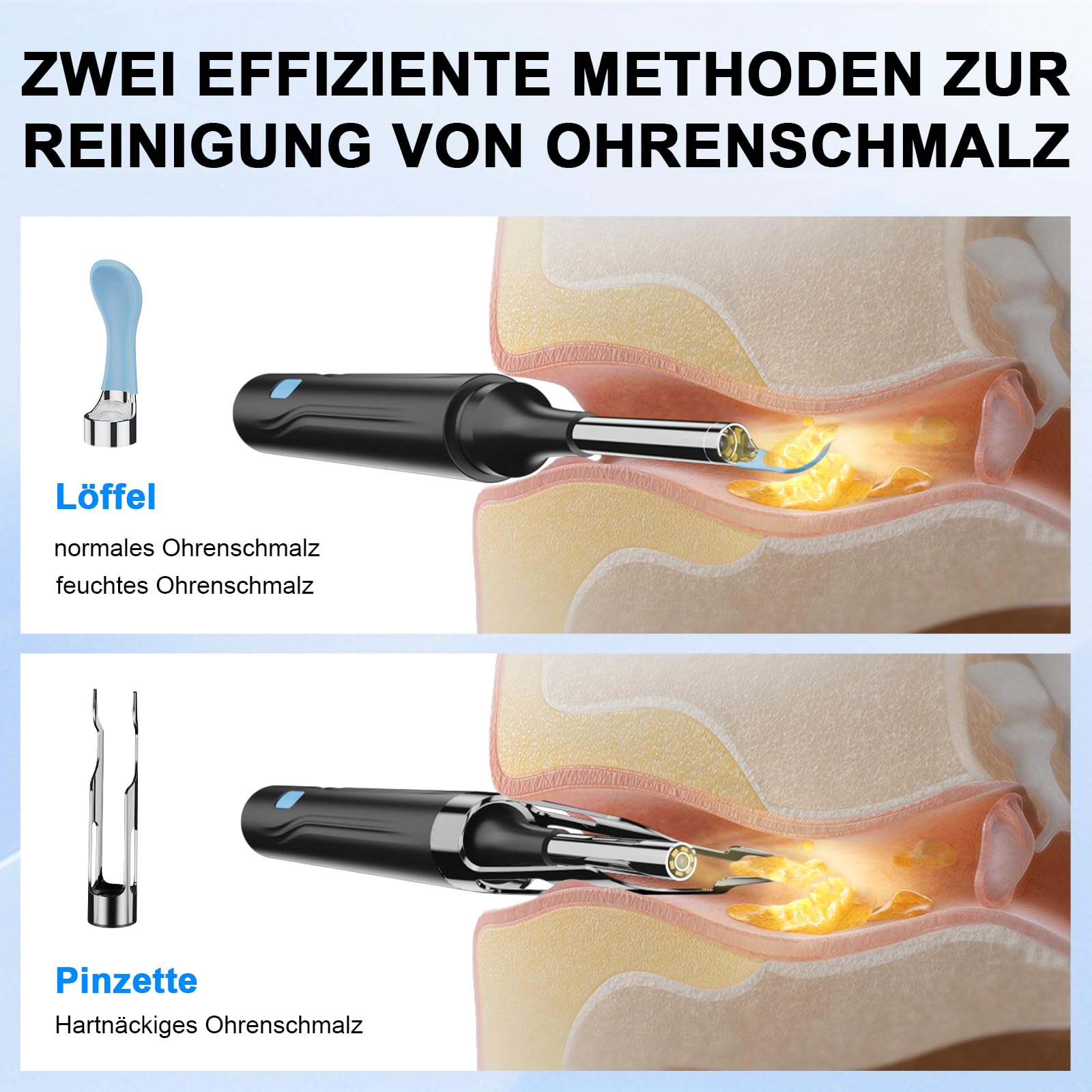 6 in 1 Kamerawerkzeug zur Ohrenschmalzentfernung mit Pinzette, Ear Scope Otoskop Set mit 6 LED Kameralichtern, visueller Ohrpicker, kabelloser Ohrenschmalzentferner (schwarz, DF004)