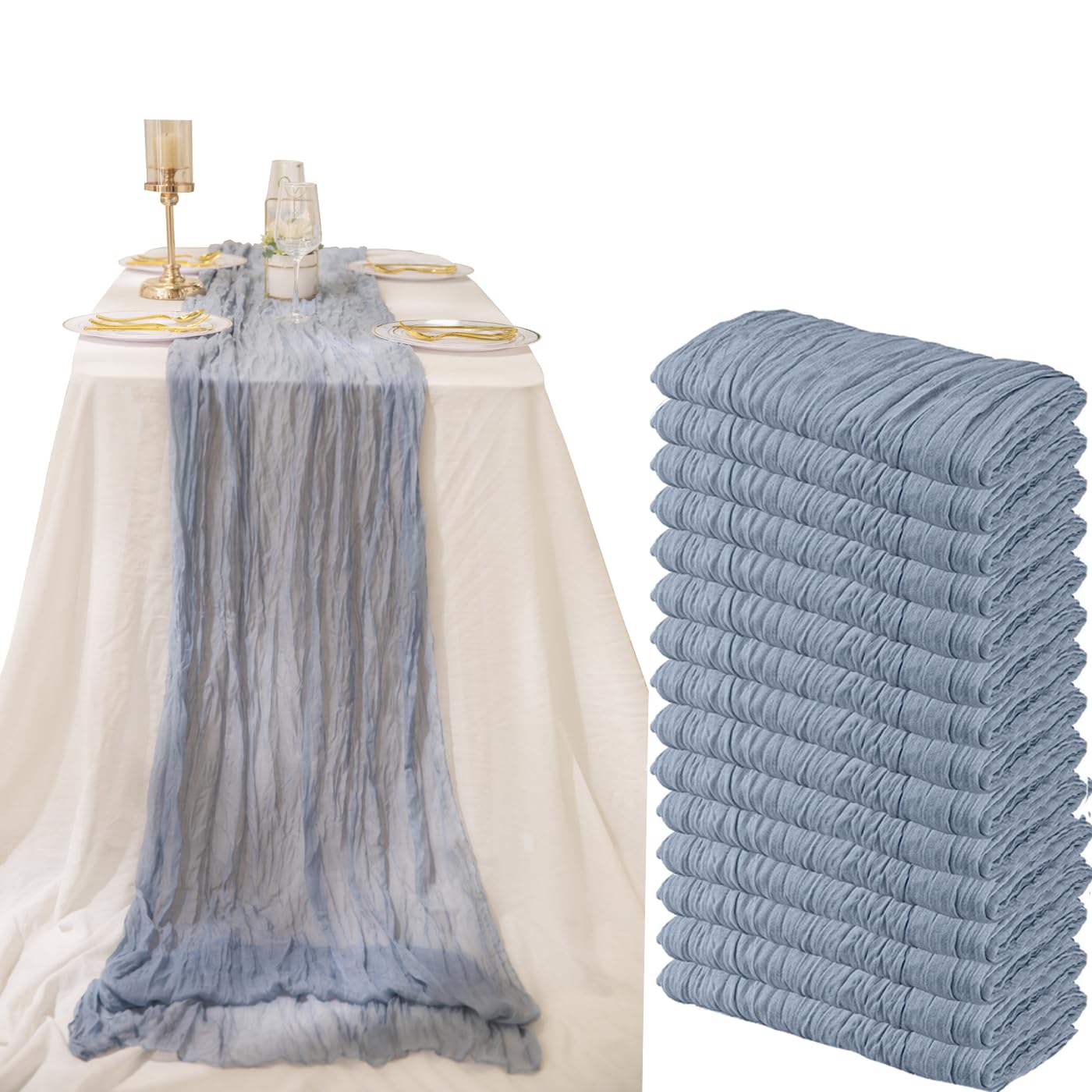 15 Pack 10Ft Cheesecloth Table Runner 35x120 Inch Boho Gauze Table Runner Rustic Cheese Cloth Long Table Runner Romantic Table Runner for Wedding Bridal Shower Birthday Party Table Decor (Dusty Blue)
