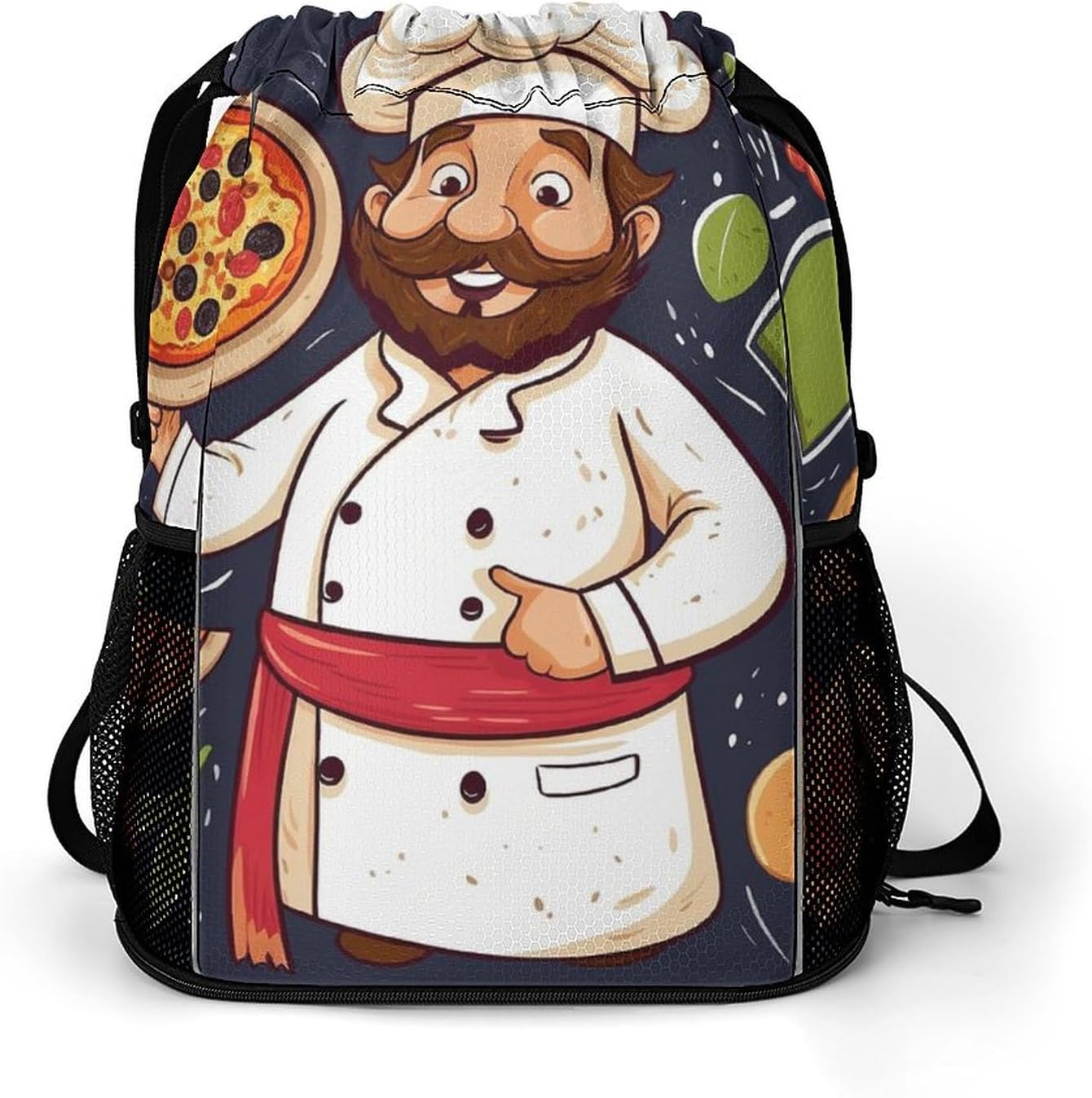 Small Gym Bag Chef Pizza Printed Drawstring Gym Bag for Men Lightweight Waterproof Drawstring Backpack for Women with Shoe Compartment for Travel Tourism Work And Fitness