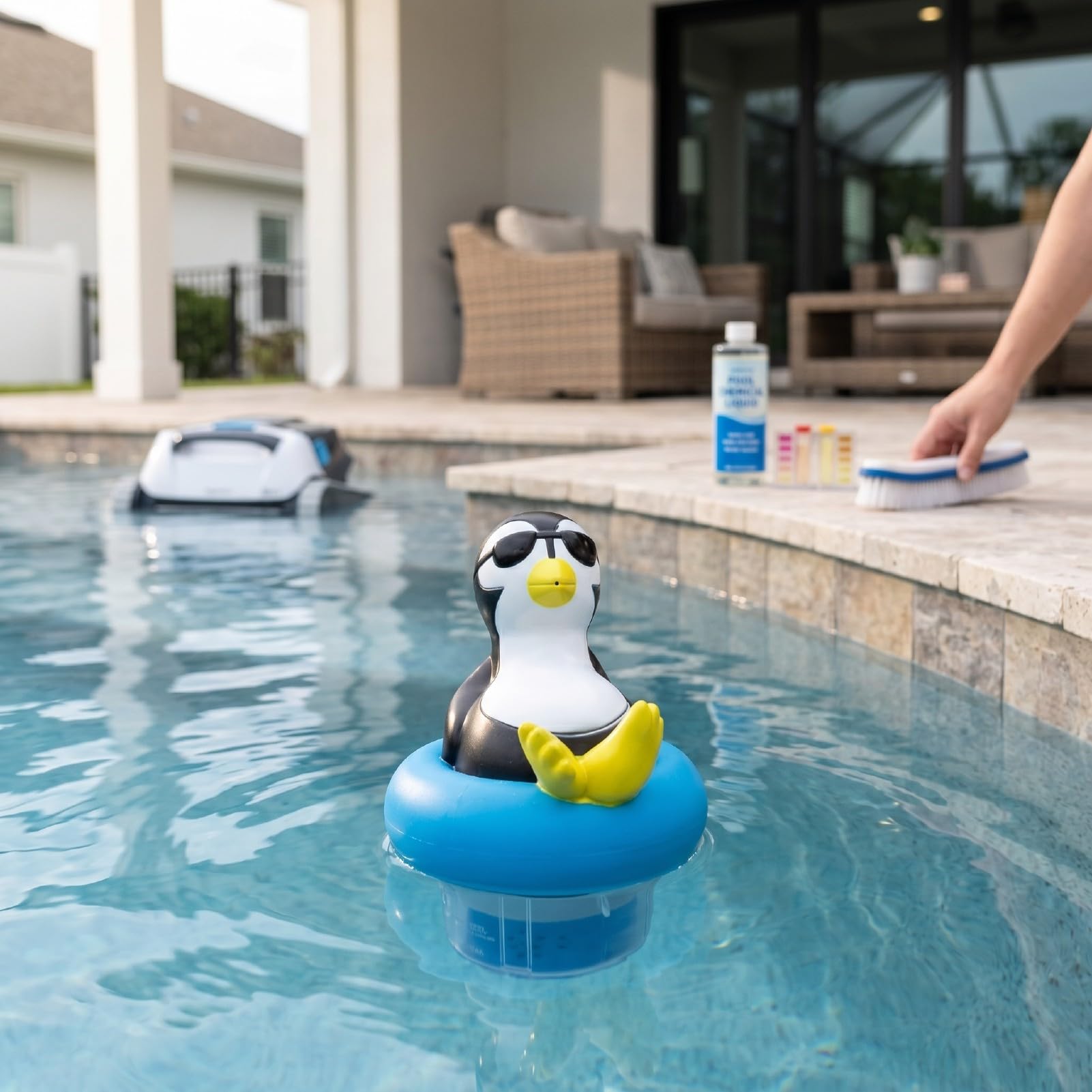 Dispensador de Flotador de Piscina Plegable, Dispensador Automático de Cloro Flotante para Piscinas Grandes y Pequeñas, SPA, con Forma de Pingüino de Liberación Ajustable