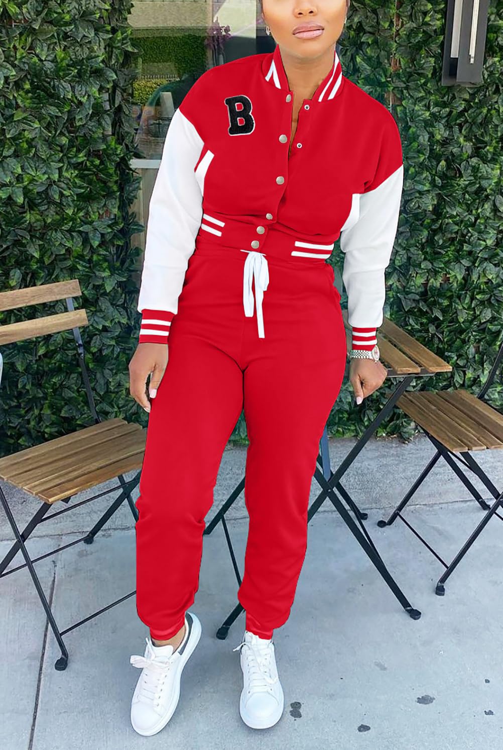 Fooullaide Conjunto deportivo de 2 piezas para mujer, chaqueta universitaria, sudadera corta con botones, chaquetas y pantalones