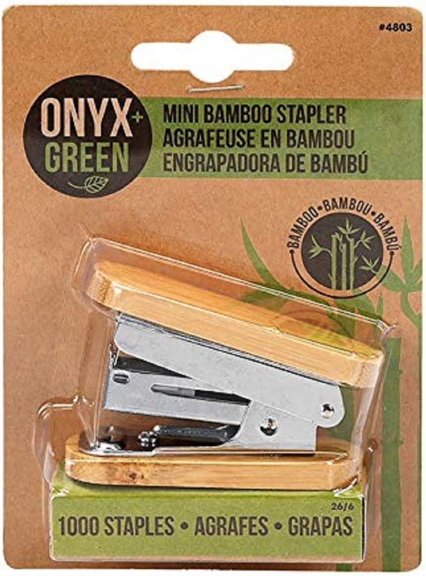 Onyx and Green Mini Stapler with 1000 Staples, Made with Bamboo, Sustainable Stapling Solution