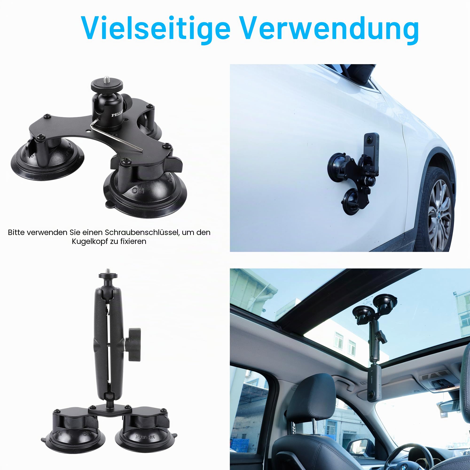 PellKing - Insta360 x5, x4, x3, x2, x, One RS, R, Autohalterung für GoPro Max DJI OSMO 360 Kamera, 5-in-1-Saug-Montage-Kit für Action-Kameras (inkl. Selfie-Stick