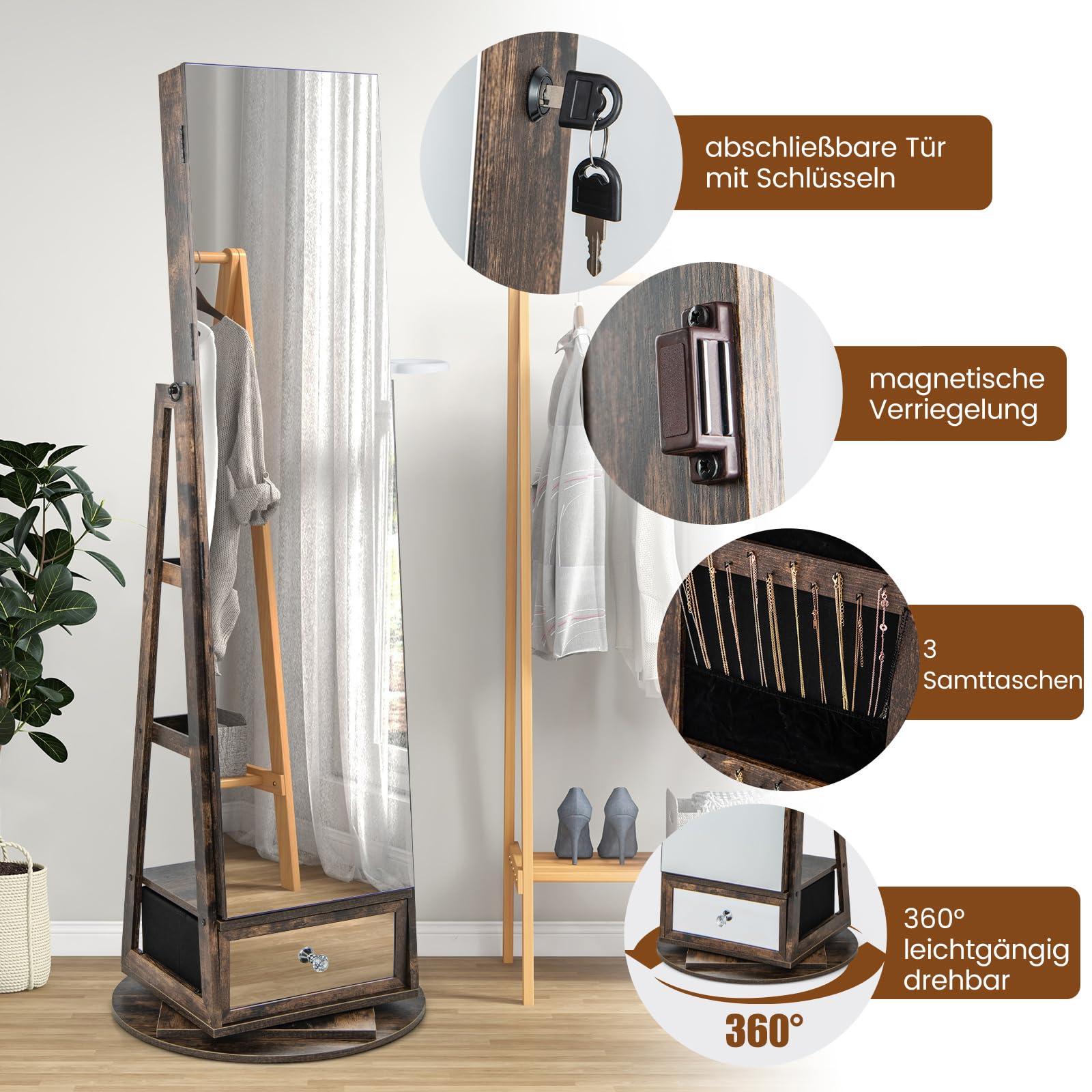 COSTWAY Szafka obracana o 360°, szafka z lustrem na całe ciało, lampki LED, szufladą i uchwytem na suszarkę do włosów, regał biżuteria, zamykany, lustro stojące