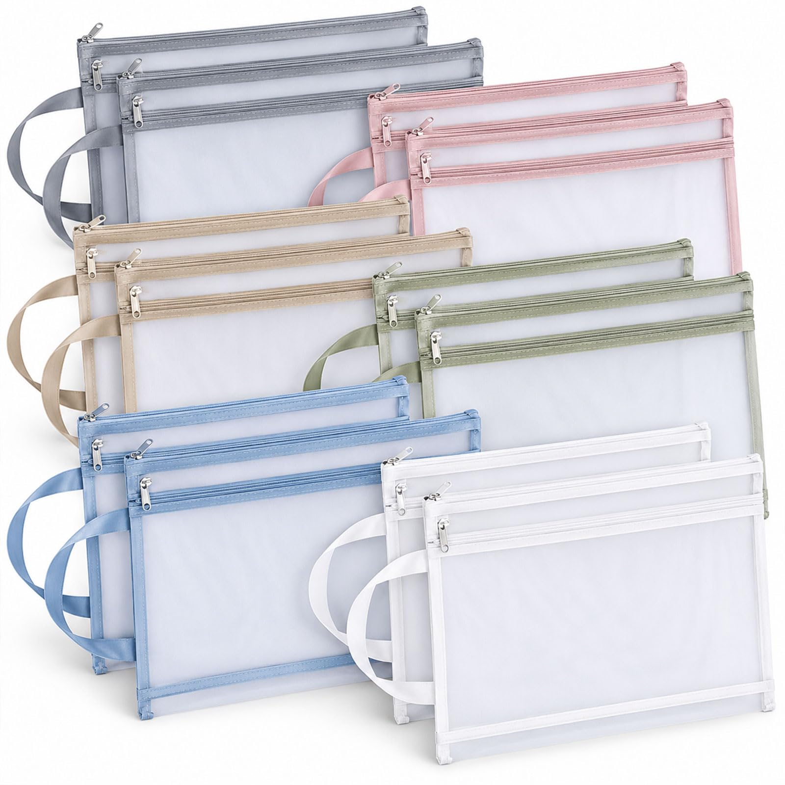 12 Pcs Mesh Zipper Pouch Bags A4 Double Layer Nylon Storage with Handle
