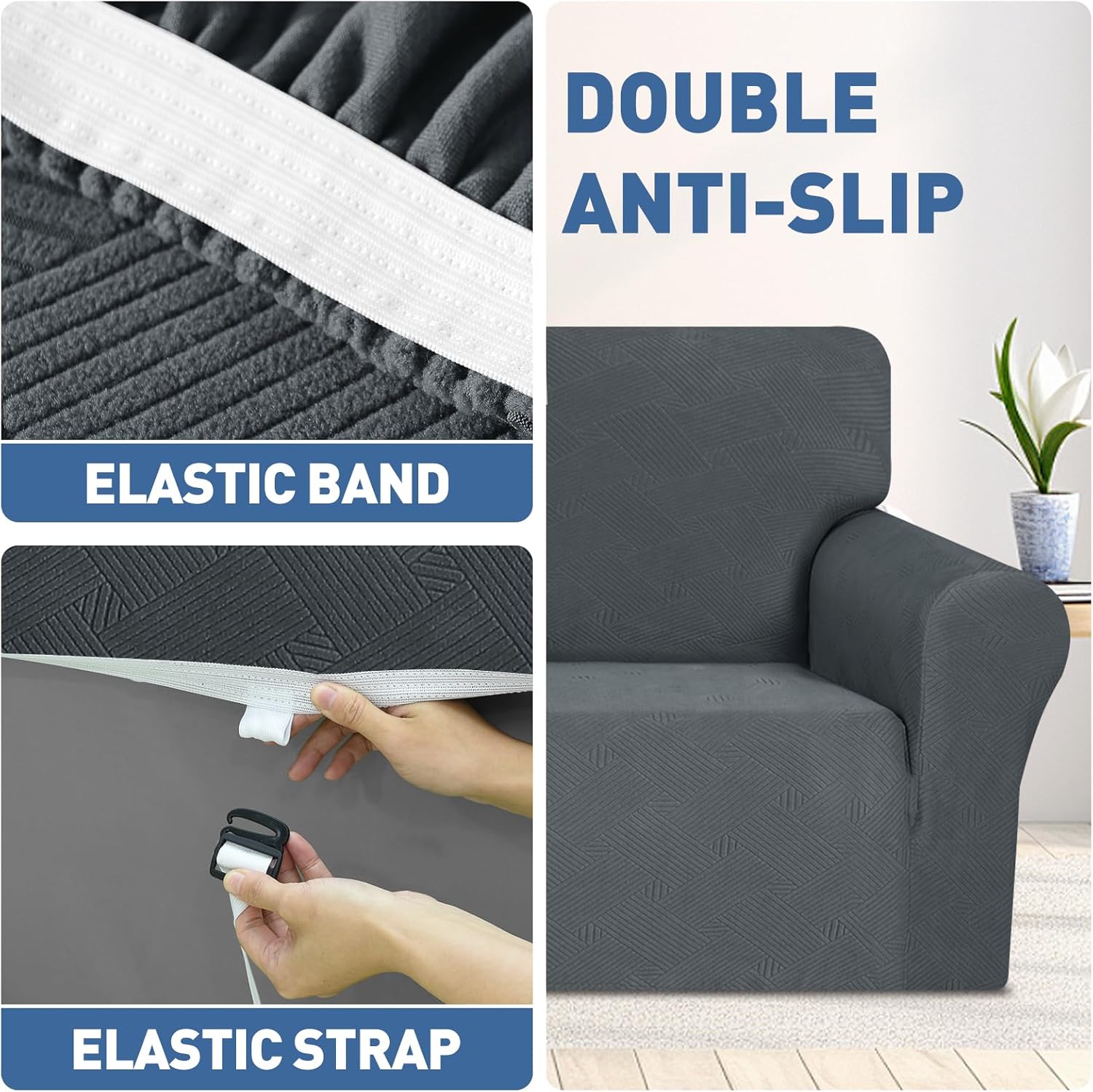 JIVINER Loveseat Slipcovers, 1 Piece Stretch Couch Covers for 2 Cushion Furniture Protector with Elastic Bottom for Kids Pets Jacquard 2 Seater Sofa Cover (Loveseat, Dark Gray)