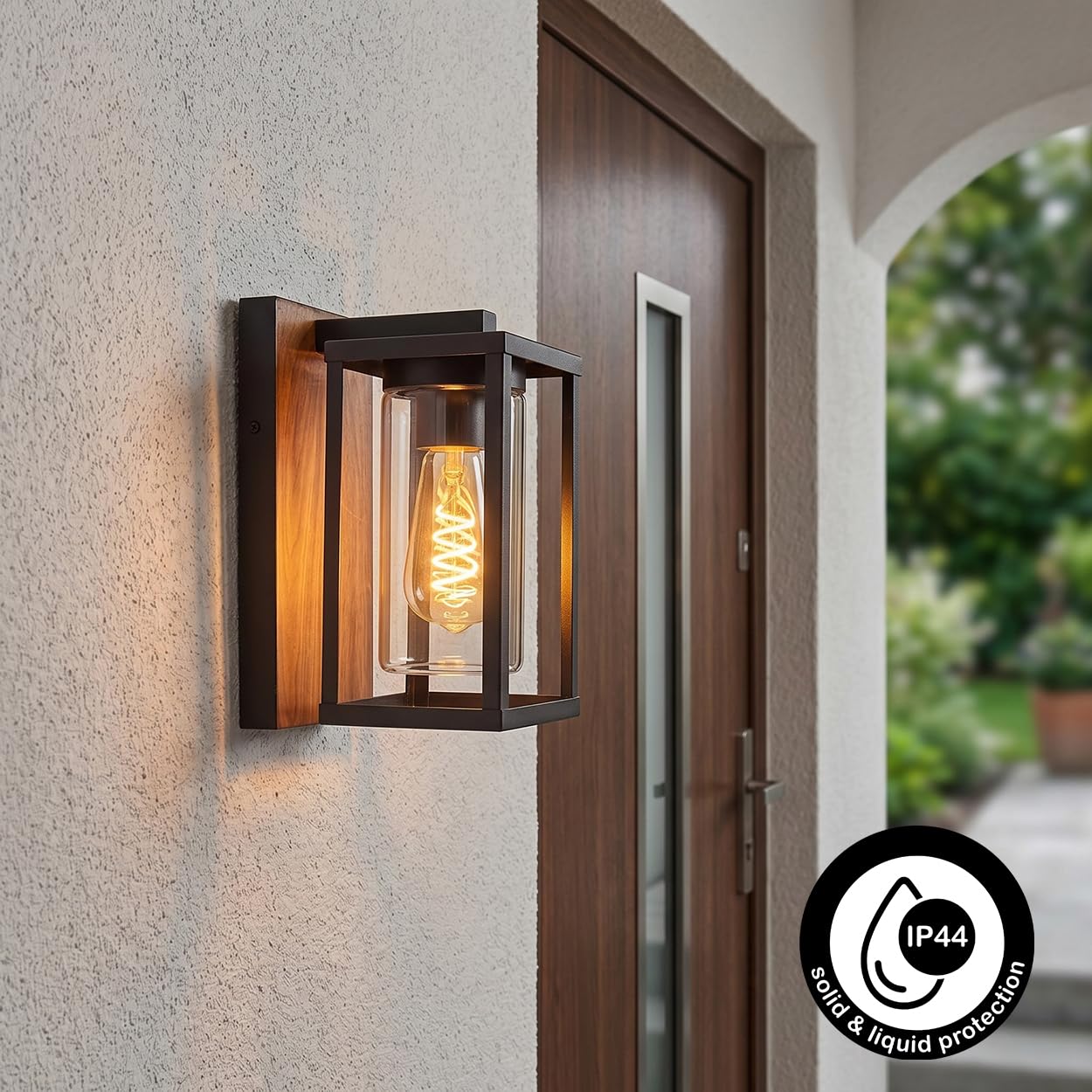HOFSTEIN Außenwandleuchte Portalis, Außenwandlampe aus Metall/Glas in Schwarz/Holzoptik/Klar, moderne Wandleuchte außen im Retro/Vintage-Design mit Lichteffekt, E27, IP44, Hof, Außenbereich, Haustür