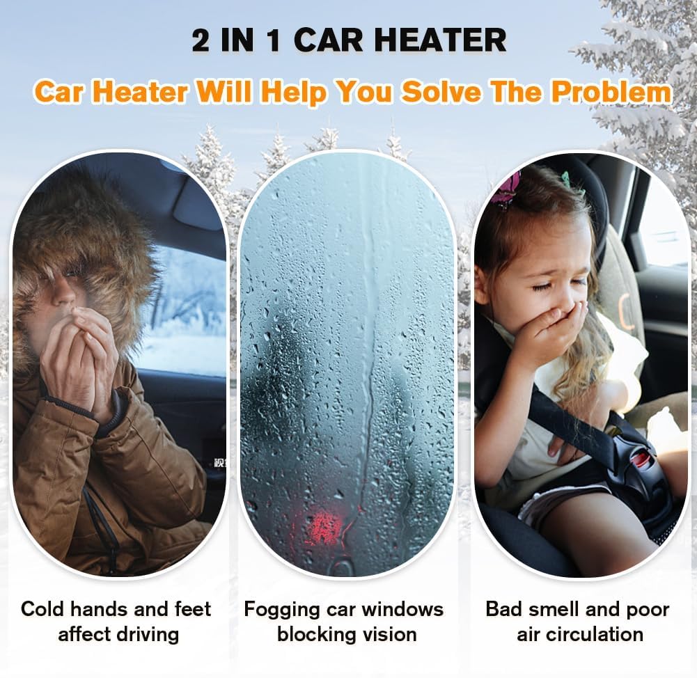 Leaflai Chauffage de Voiture 12 V Anti-buée 2 en 1 - Mini dégivreur de Voiture avec poignée Ergonomique - Désembueur de Pare-Brise - Prise Allume-Cigare