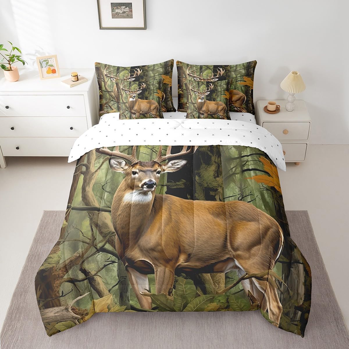Feelyou Cute Deer Queen Comforter Set with Sheets Kids American Flag Bed in a Bag for Boys Girls Teens Deer Hunting 7 Pieces Bedding Set Camo Bed Set Room Decor