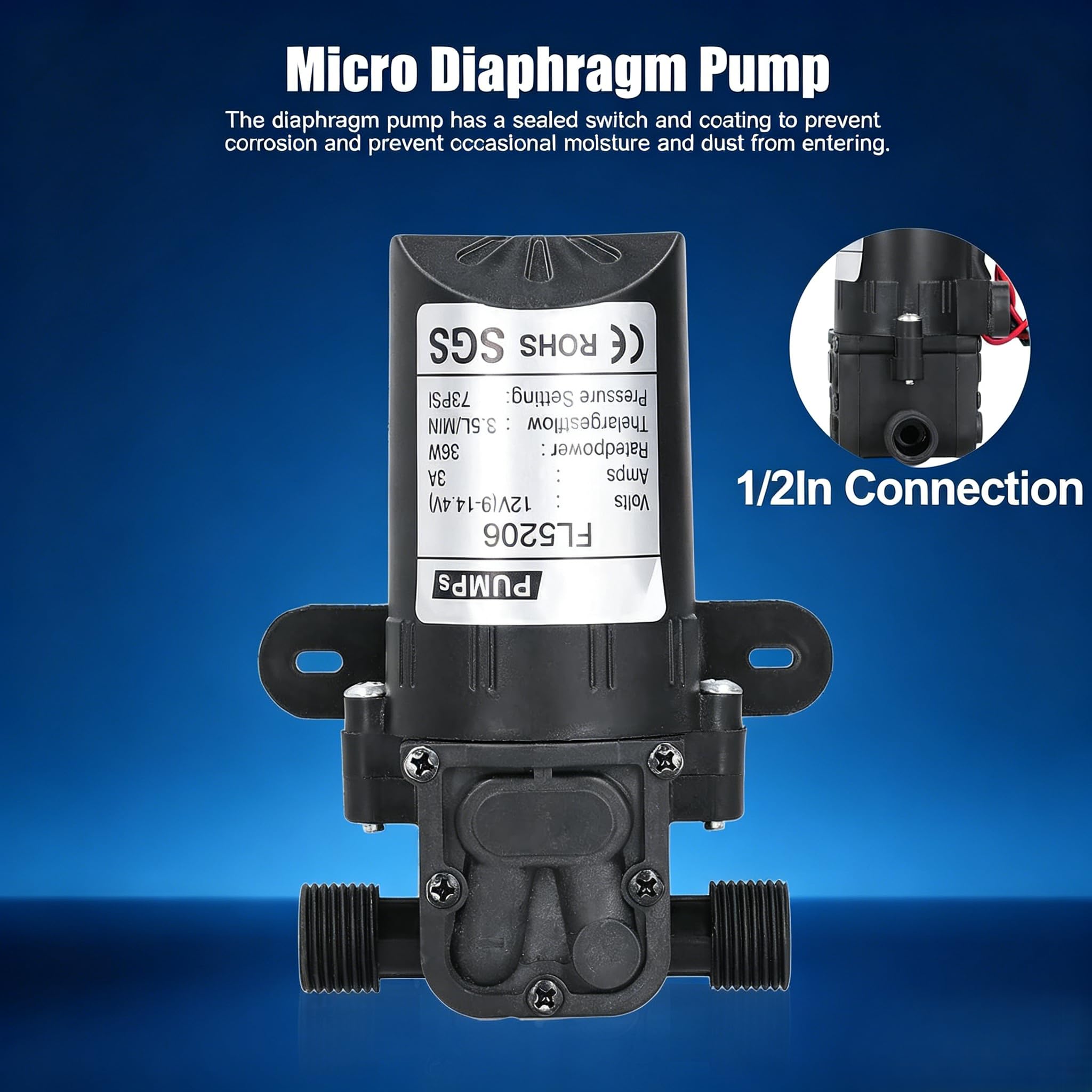 Micro Pompa a Membrana DC 12V 36W Pompa Acqua Autoadescante ad Alte Prestazioni con Interruttore Sigillato Rivestimento Resistente alla Corrosione per Verniciatura Industriale