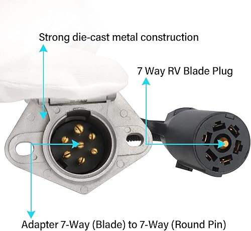 Miniatura 2 de MECMO Adaptador Conector de Remolque de Cuchilla RV de 7 Vías a Pin Redondo de 7 Vías, Zinc Fundido a Presión con Soporte de Montaje, Arnés de