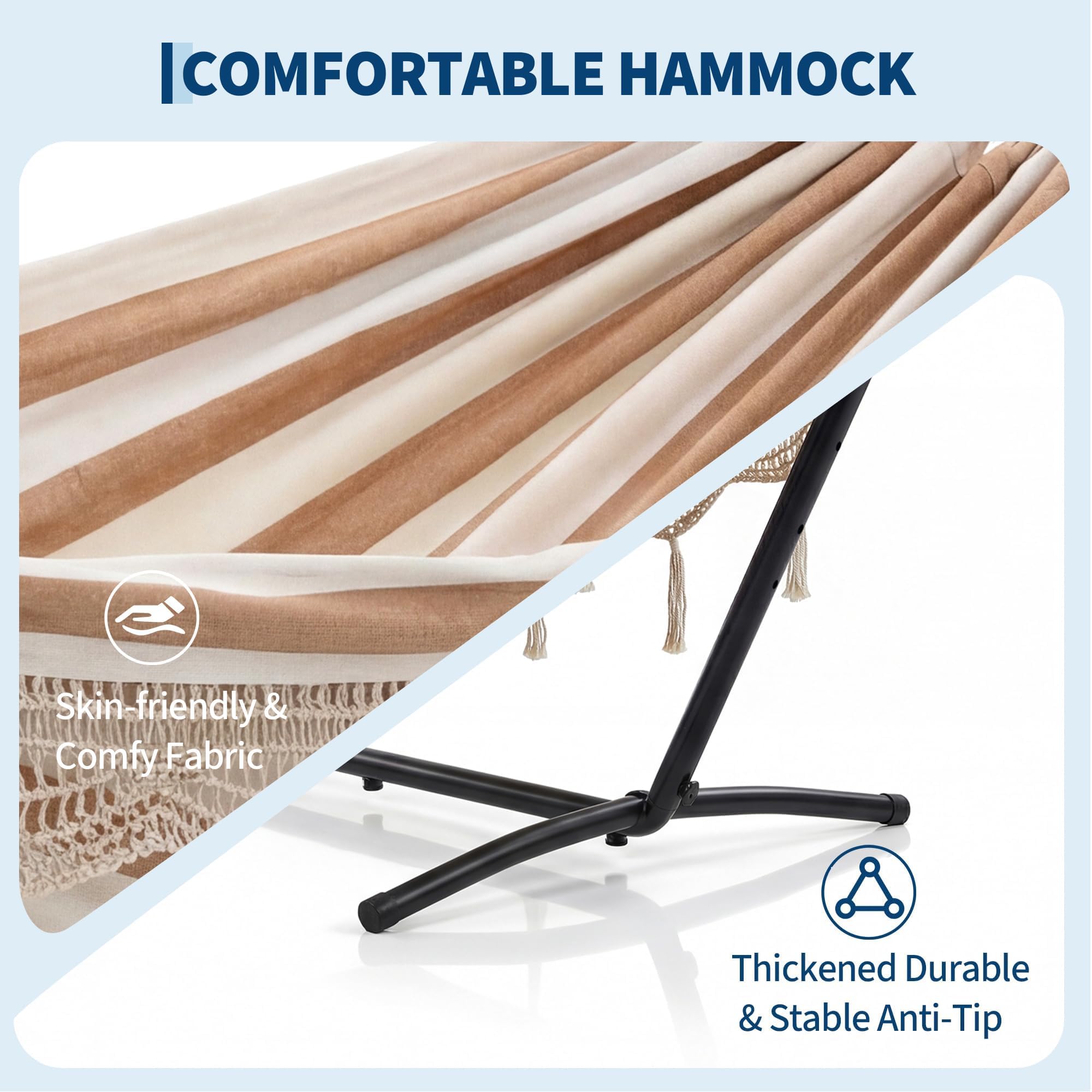Garvee Hamaca Doble con Soporte de Acero 275cm, Cama de Algodón con Borlas Blancas, Diseño de Rayas Amarillas y Blancas, Capacidad 205kg, Hamaca Portátil y Resistente para Jardín, Terraza y Camping