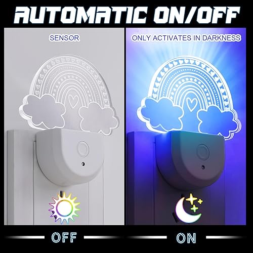 Miniatura 4 de 2 luces nocturnas arcoíris para niños, enchufables a la pared, 8 colores cambiantes, luz nocturna arcoíris con sensor de atardecer a amanecer para