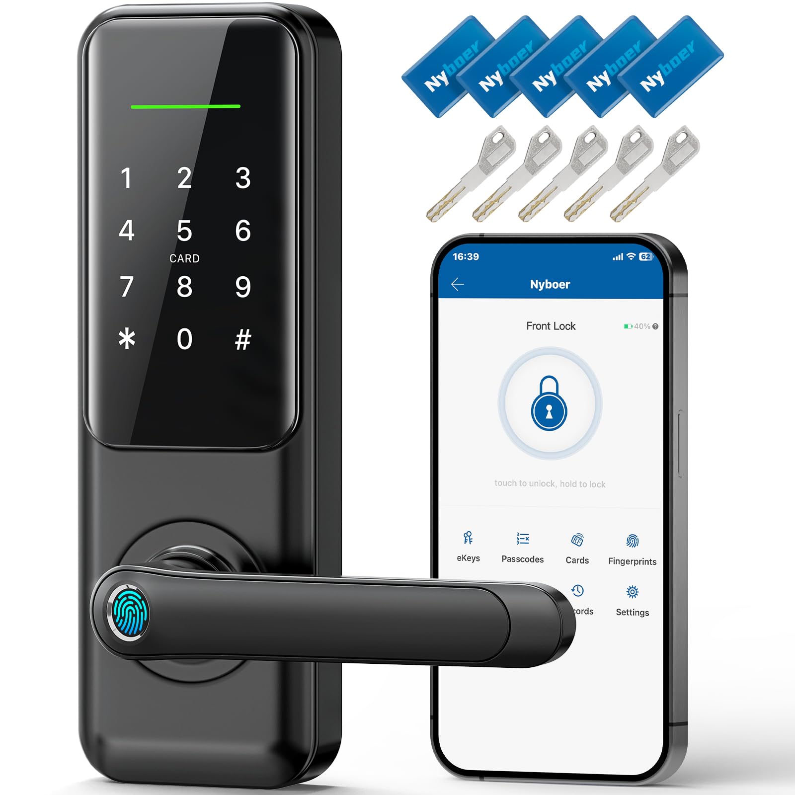 Fingerprint Smart Door Lock with Handle: Keyless Entry Keypad Lock for Front Door, Nyboer Electronic Digital Lock, Lockset Replacement for Exterior Doors