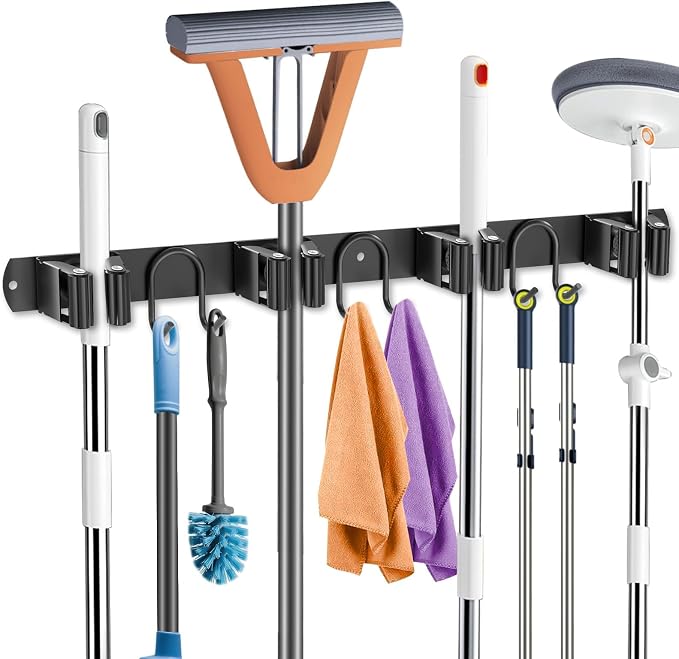 GUUKAR Mop Broom Holder Wall Mount, Black Stainless Steel Tool Storage Organizer for Kitchen Garden Garage Laundry Room Bathroom and RV with 4 Slots 6 Hooks