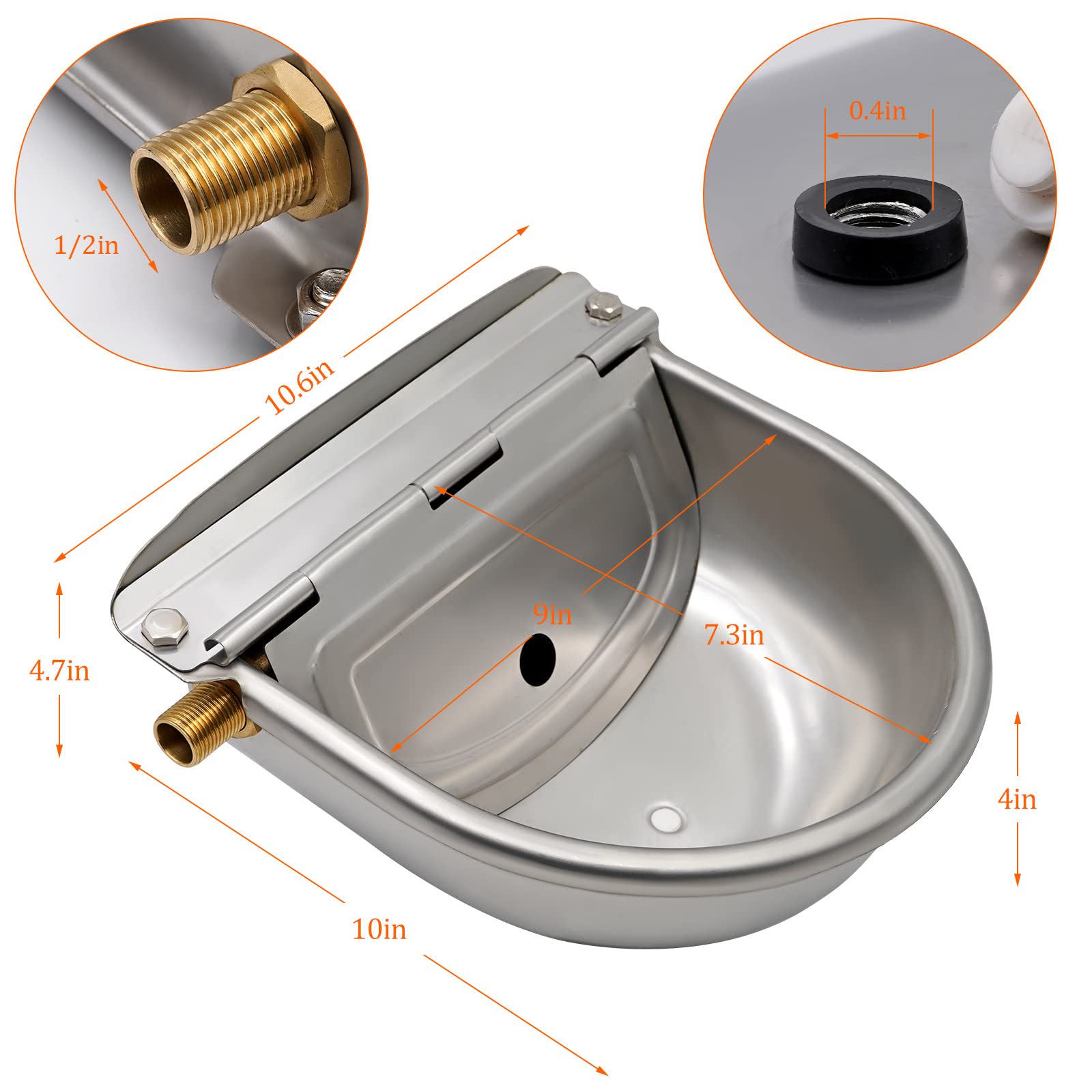 Bebedero Automático de Acero Inoxidable, 2 Válvulas de Flotador de Latón Ajustables con Tapón de Drenaje, Cuenco de Agua para Ganado, Caballos, Perros, Cabras, Ovejas y Cerdos
